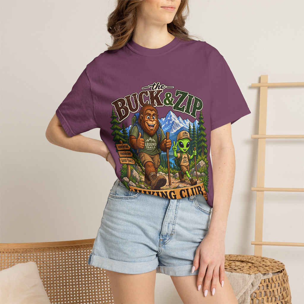 Hiking Club T-Shirt — "The Buck & Zip" Bigfoot & Alien Outdoor Tee