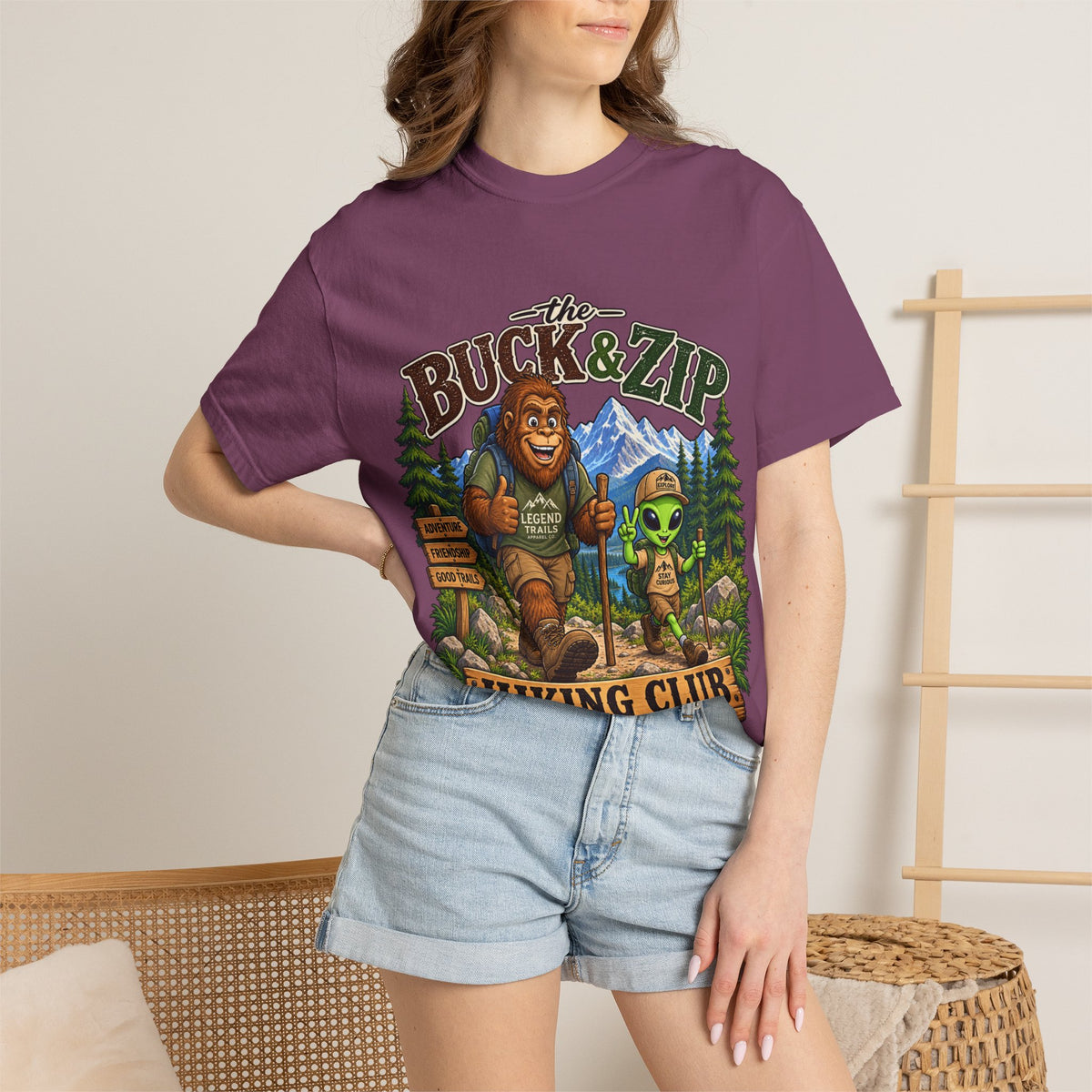 Hiking Club T-Shirt — "The Buck & Zip" Bigfoot & Alien Outdoor Tee