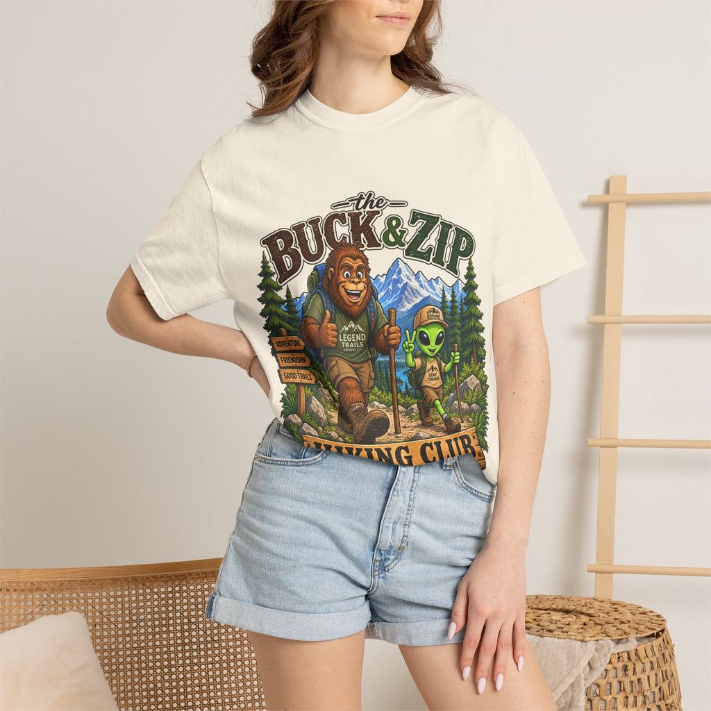 Hiking Club T-Shirt — "The Buck & Zip" Bigfoot & Alien Outdoor Tee