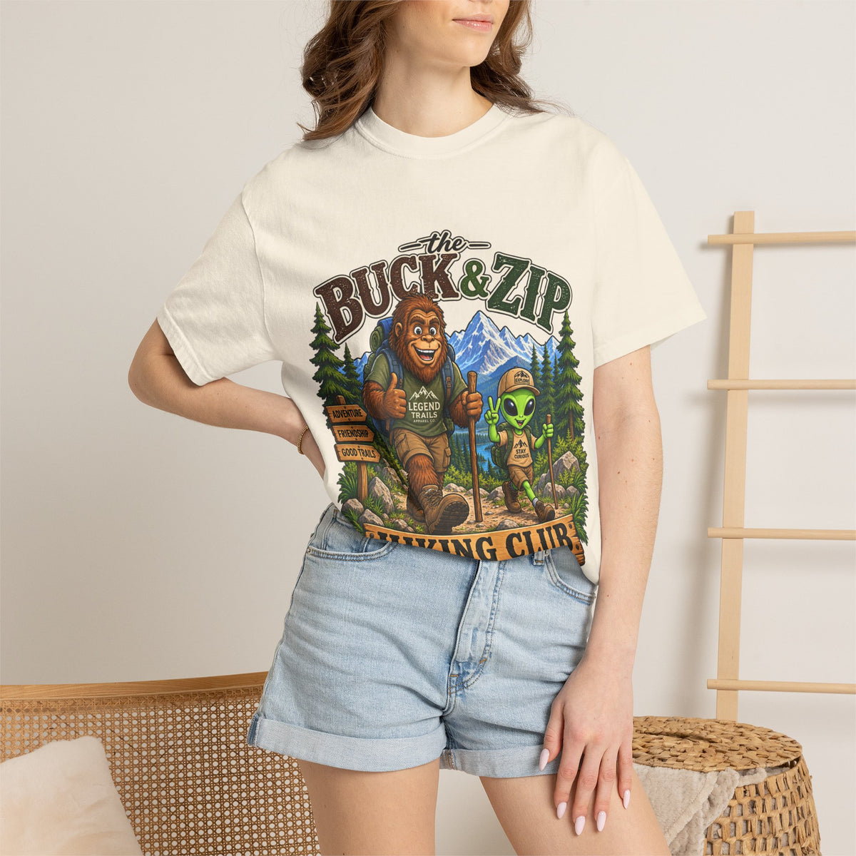 Hiking Club T-Shirt — "The Buck & Zip" Bigfoot & Alien Outdoor Tee