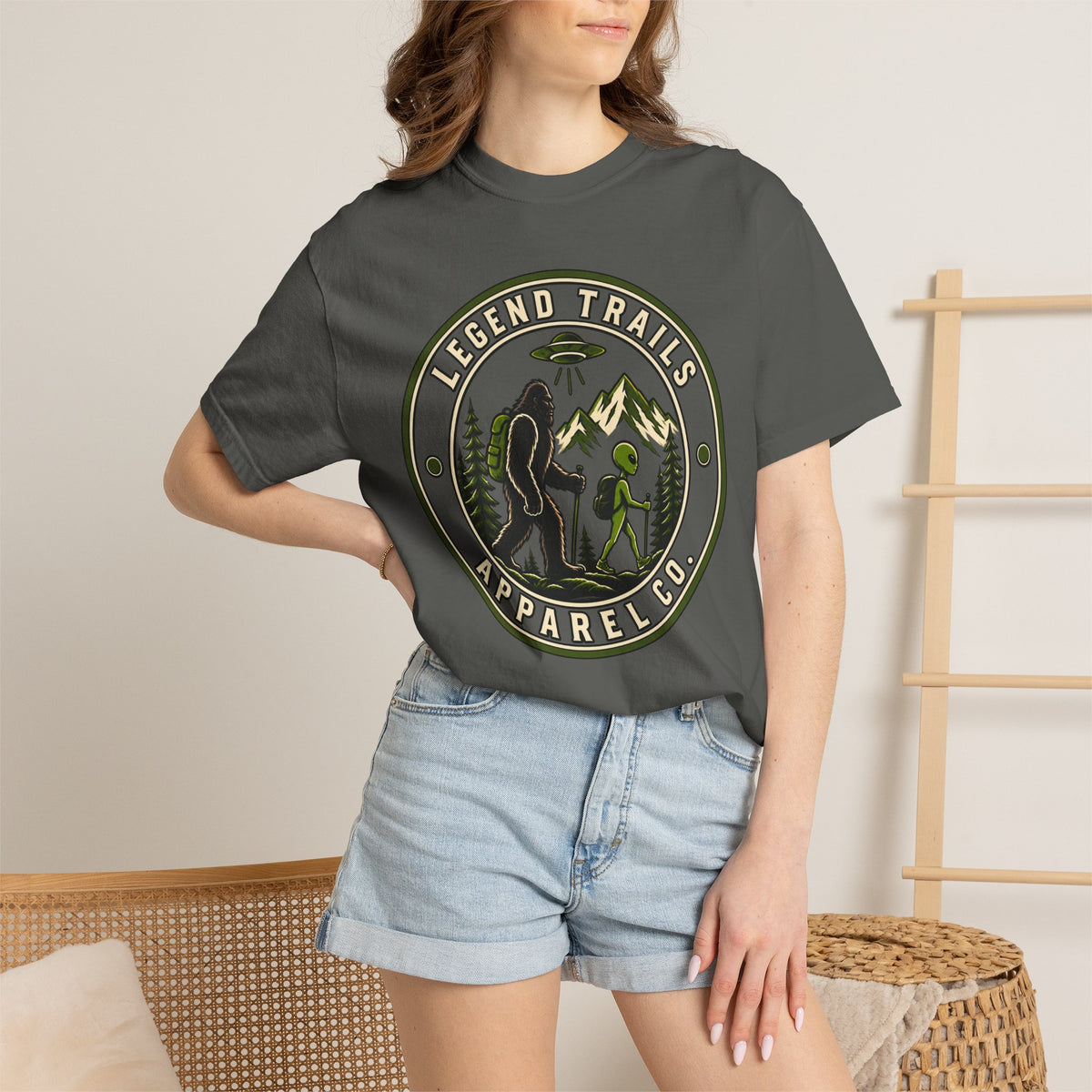 Legend Trails Apparel Co. Hiking T‑Shirt — Bigfoot & Camper Outdoor Graphic Tee