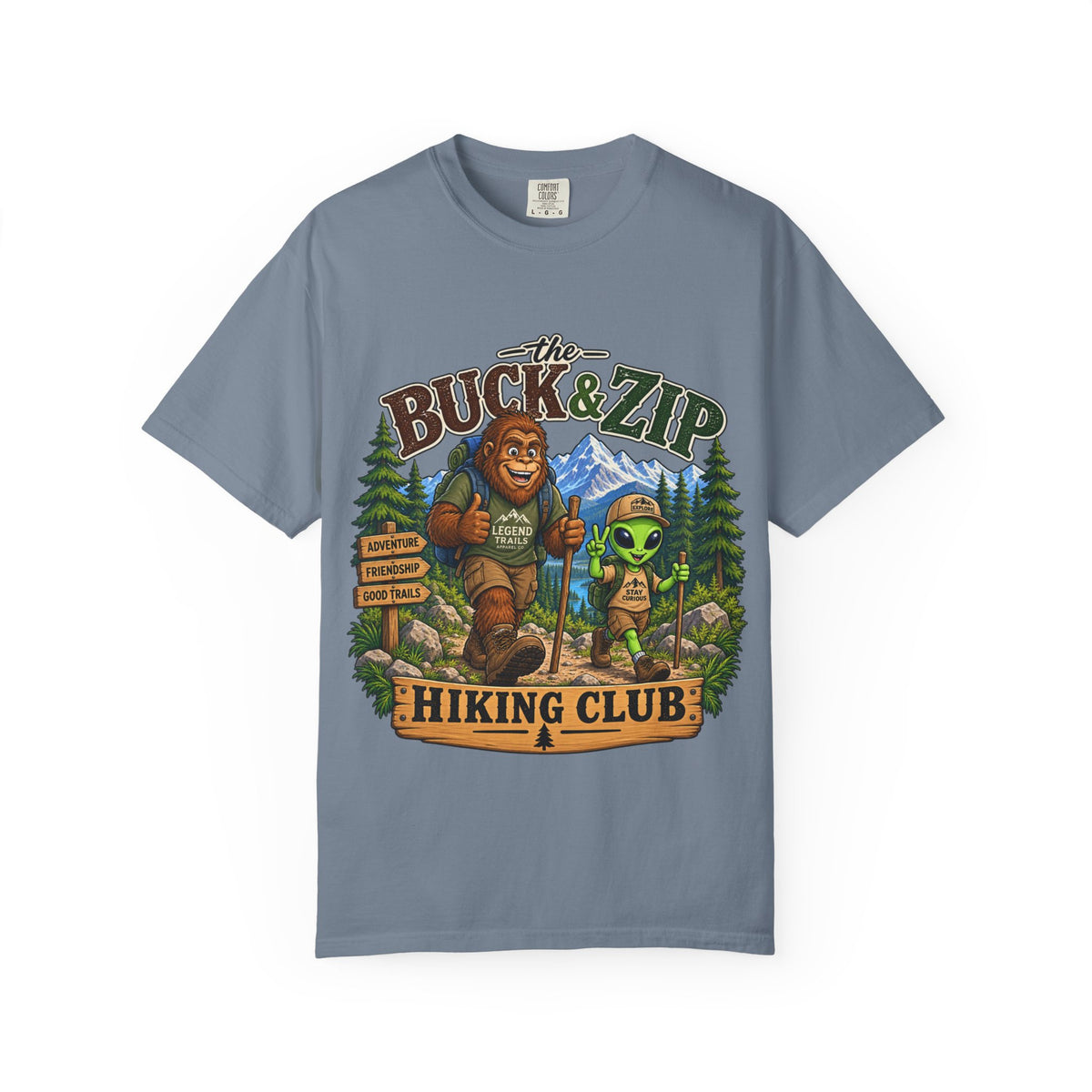 Hiking Club T-Shirt — "The Buck & Zip" Bigfoot & Alien Outdoor Tee