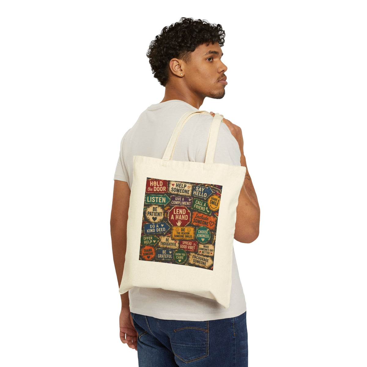 Canvas Tote Bag — Vintage Sign Collage "Be Kind" Eco Shopper