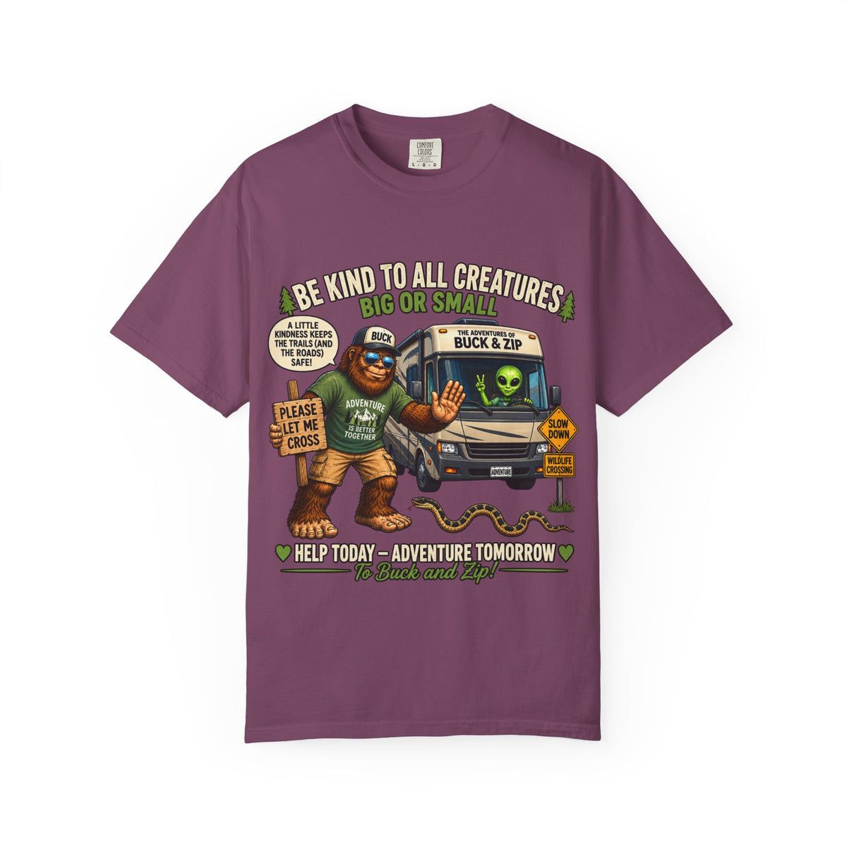 Bigfoot & Alien Rescue T-Shirt — "Be Kind to All Creatures" Adventure Tee