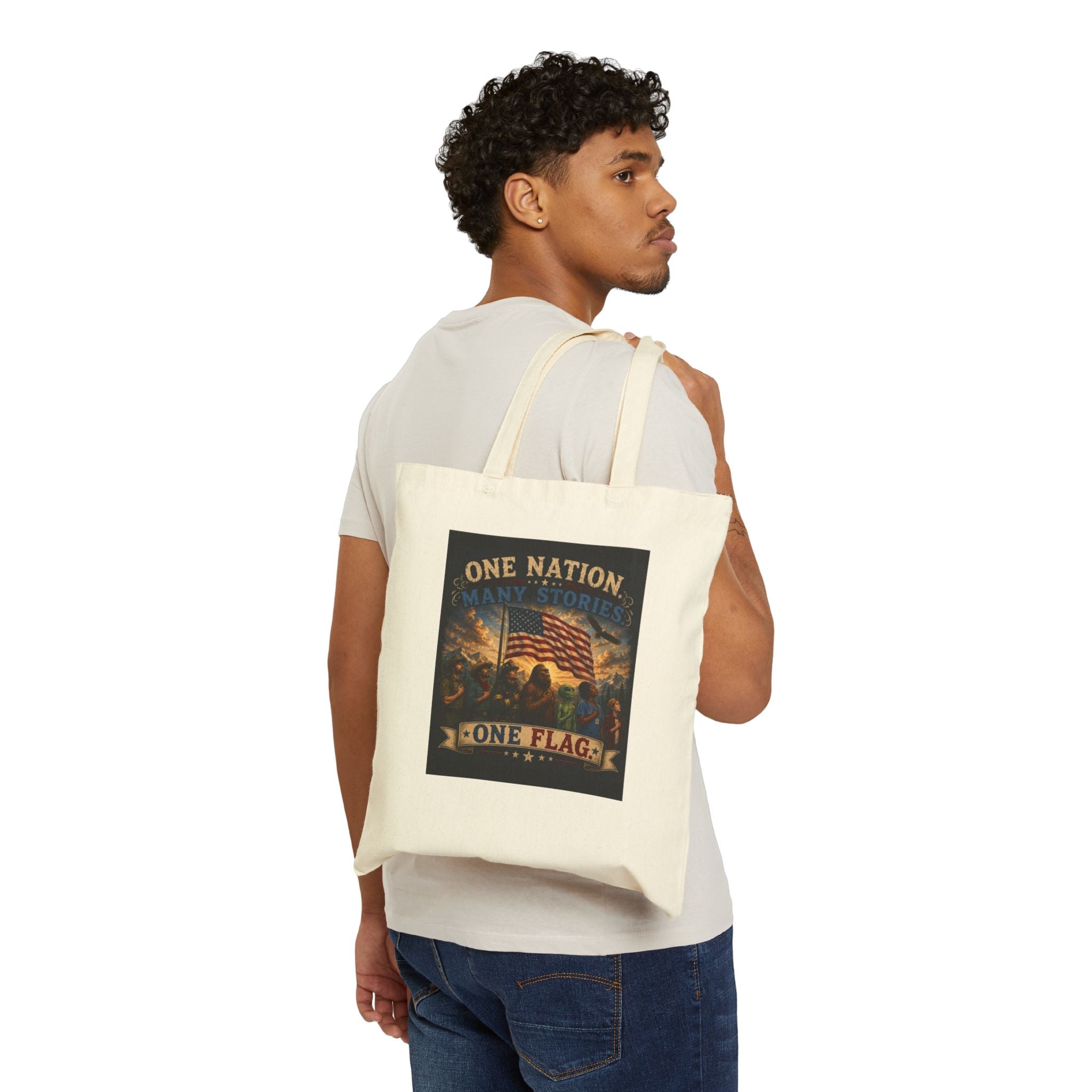 Patriotic Cotton Tote Bag – "One Nation, One Flag" Vintage American Flag Canvas Tote