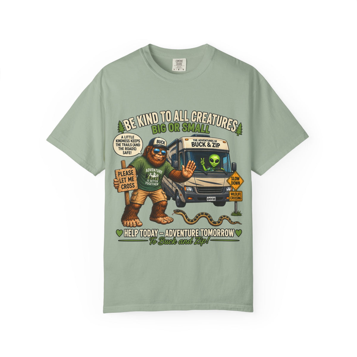 Bigfoot & Alien Rescue T-Shirt — "Be Kind to All Creatures" Adventure Tee