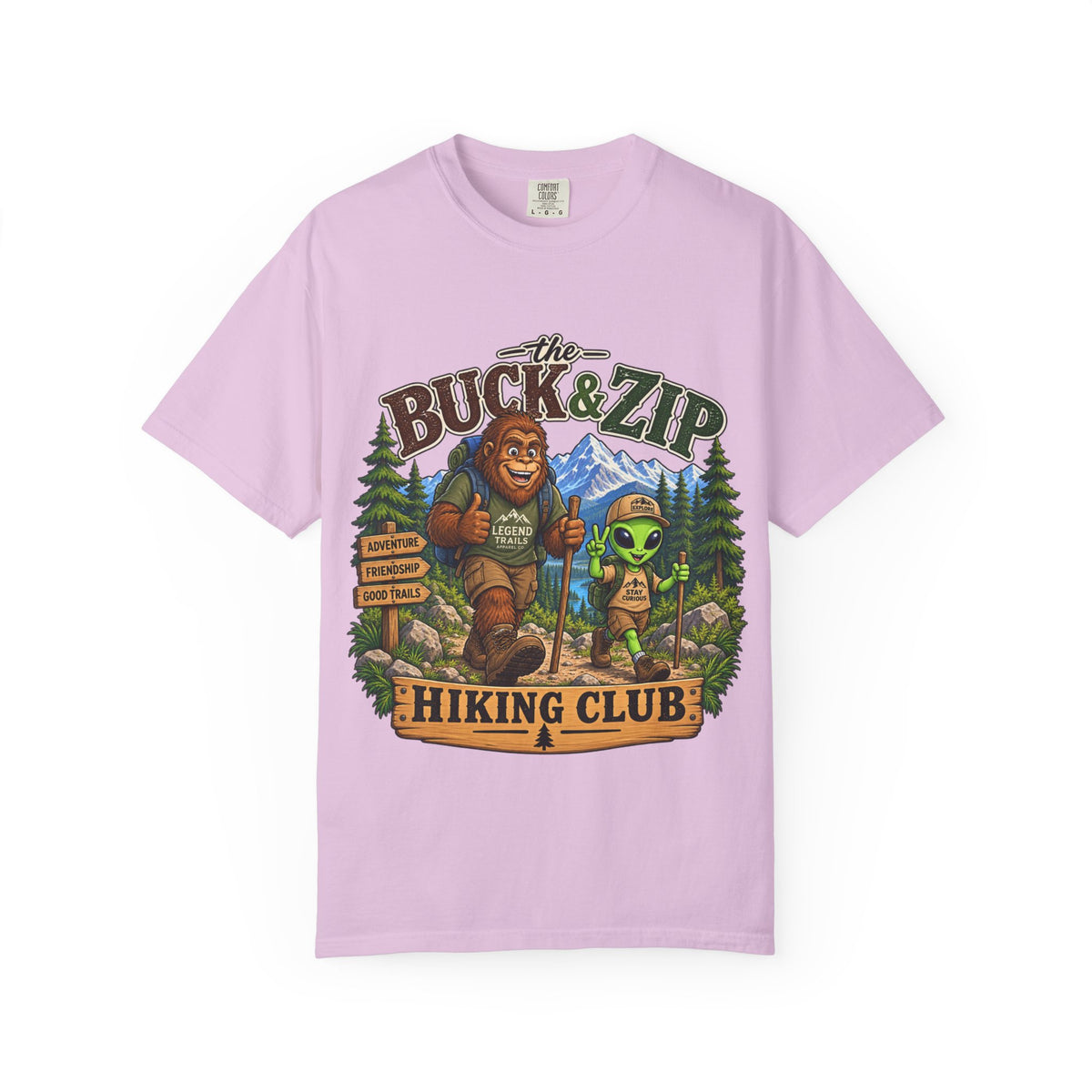 Hiking Club T-Shirt — "The Buck & Zip" Bigfoot & Alien Outdoor Tee