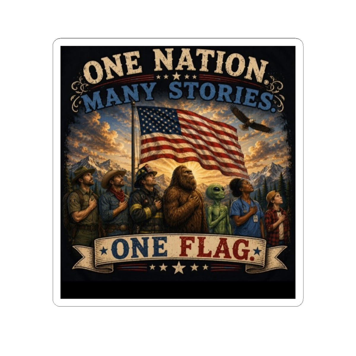One Nation Many Stories — Patriotic Kiss-Cut Sticker (American Flag & Diverse Heroes)