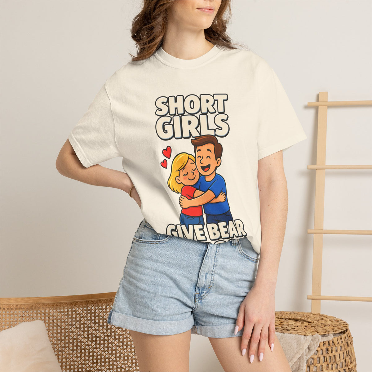 Short Girls Give Bear Hugs T-Shirt — Cute Retro Couple Hug Graphic Tee