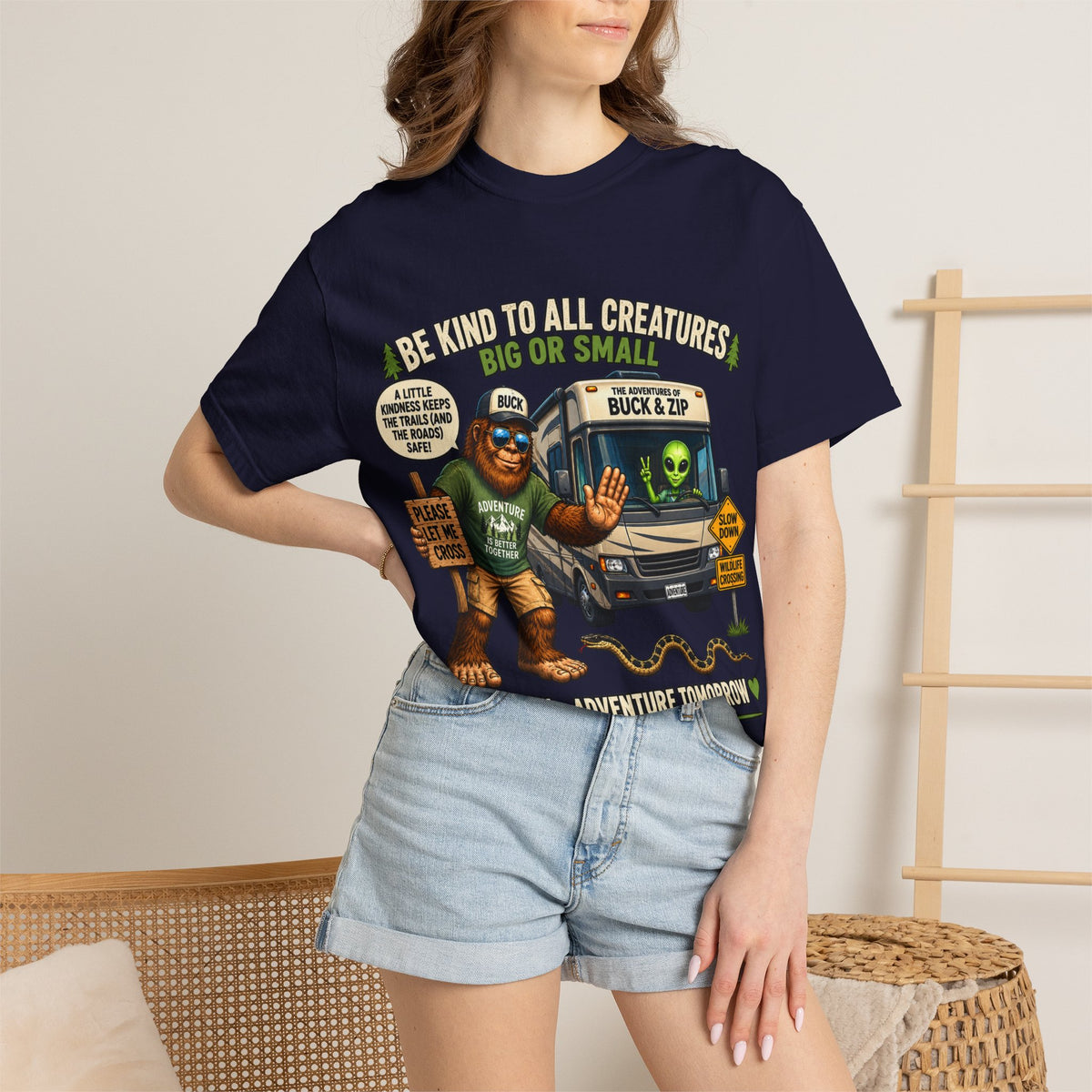Bigfoot & Alien Rescue T-Shirt — "Be Kind to All Creatures" Adventure Tee