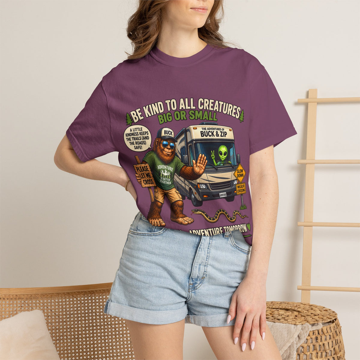 Bigfoot & Alien Rescue T-Shirt — "Be Kind to All Creatures" Adventure Tee