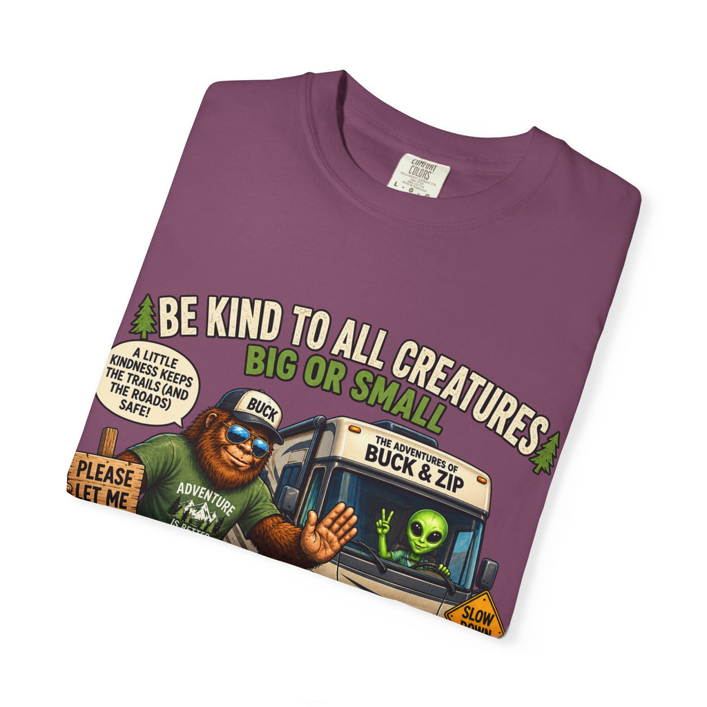 Bigfoot & Alien Rescue T-Shirt — "Be Kind to All Creatures" Adventure Tee