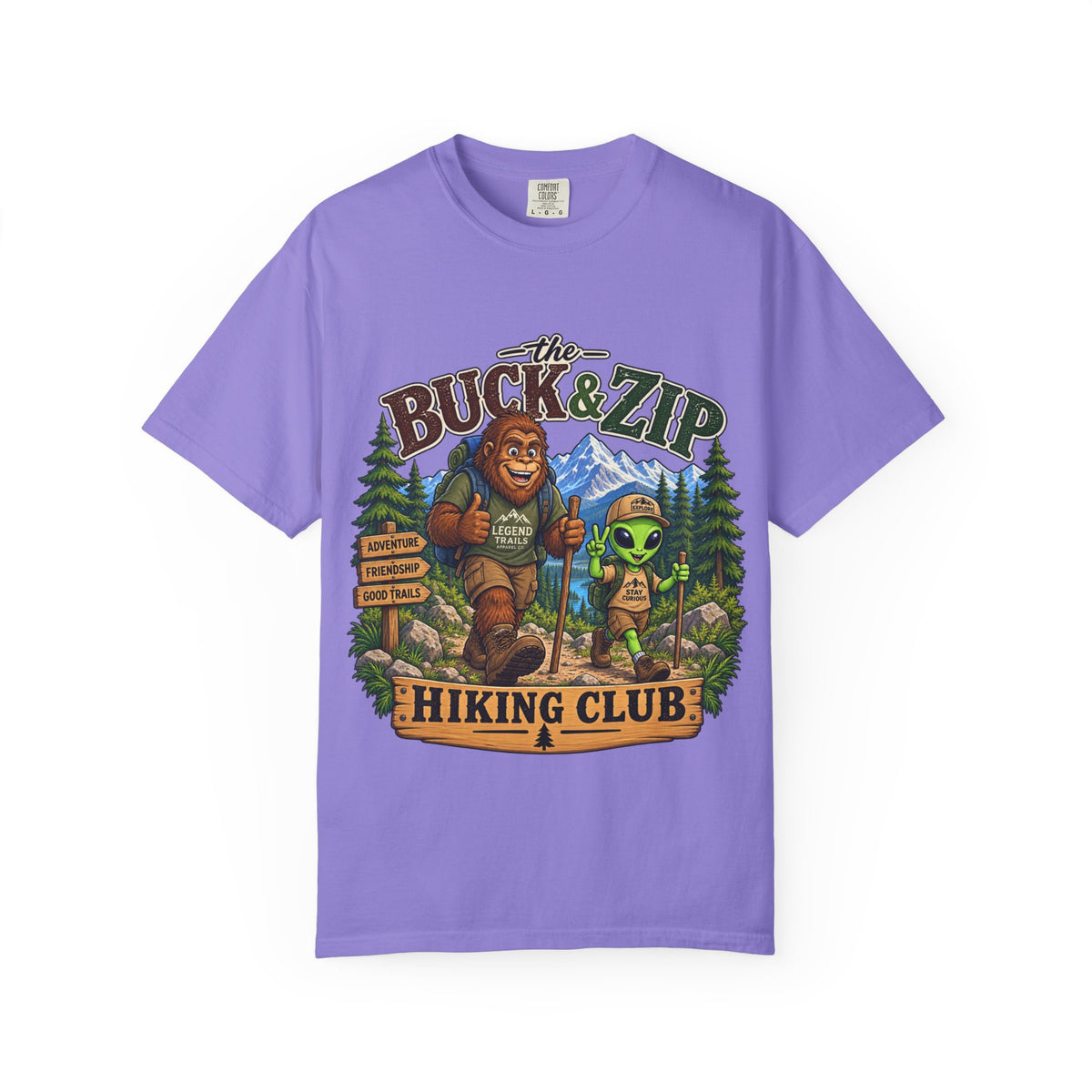 Hiking Club T-Shirt — "The Buck & Zip" Bigfoot & Alien Outdoor Tee