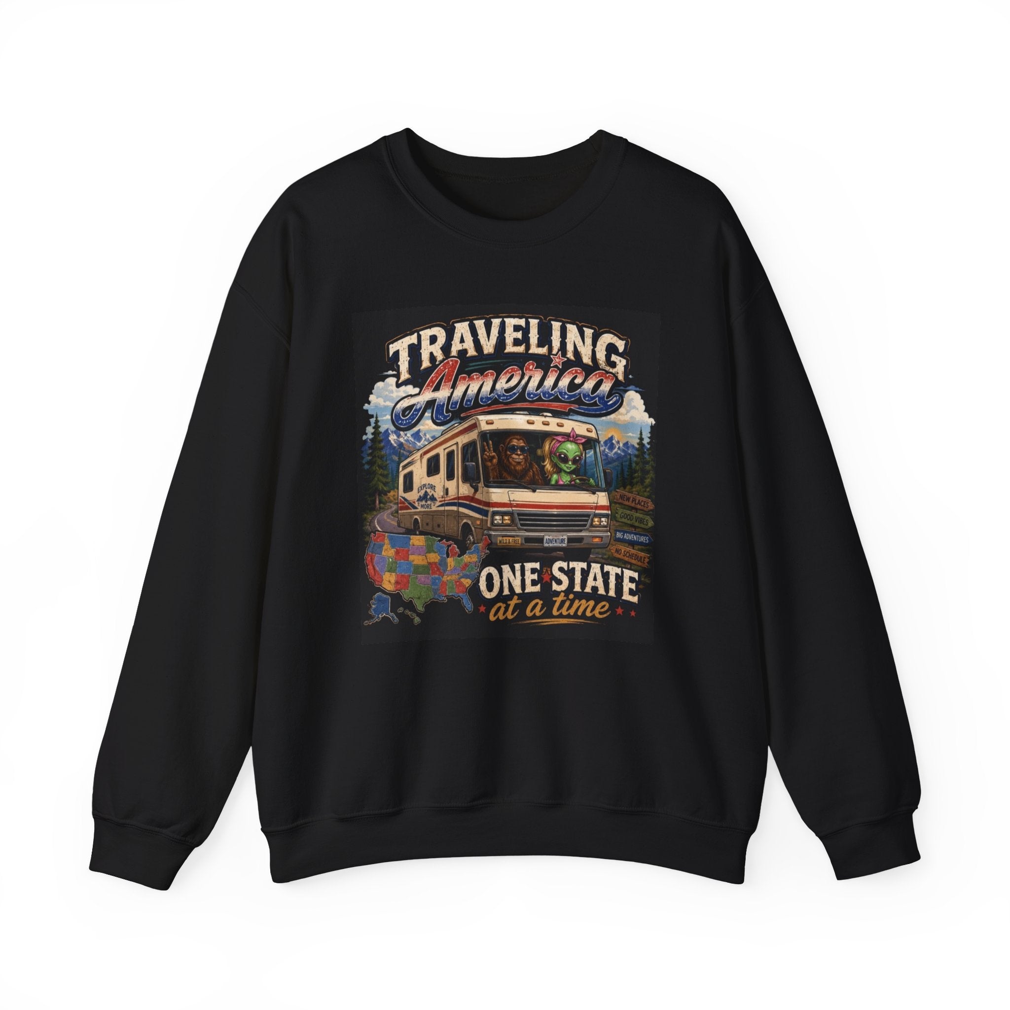 Traveling America Crewneck Sweatshirt — One State at a Time RV Roadtrip Graphic