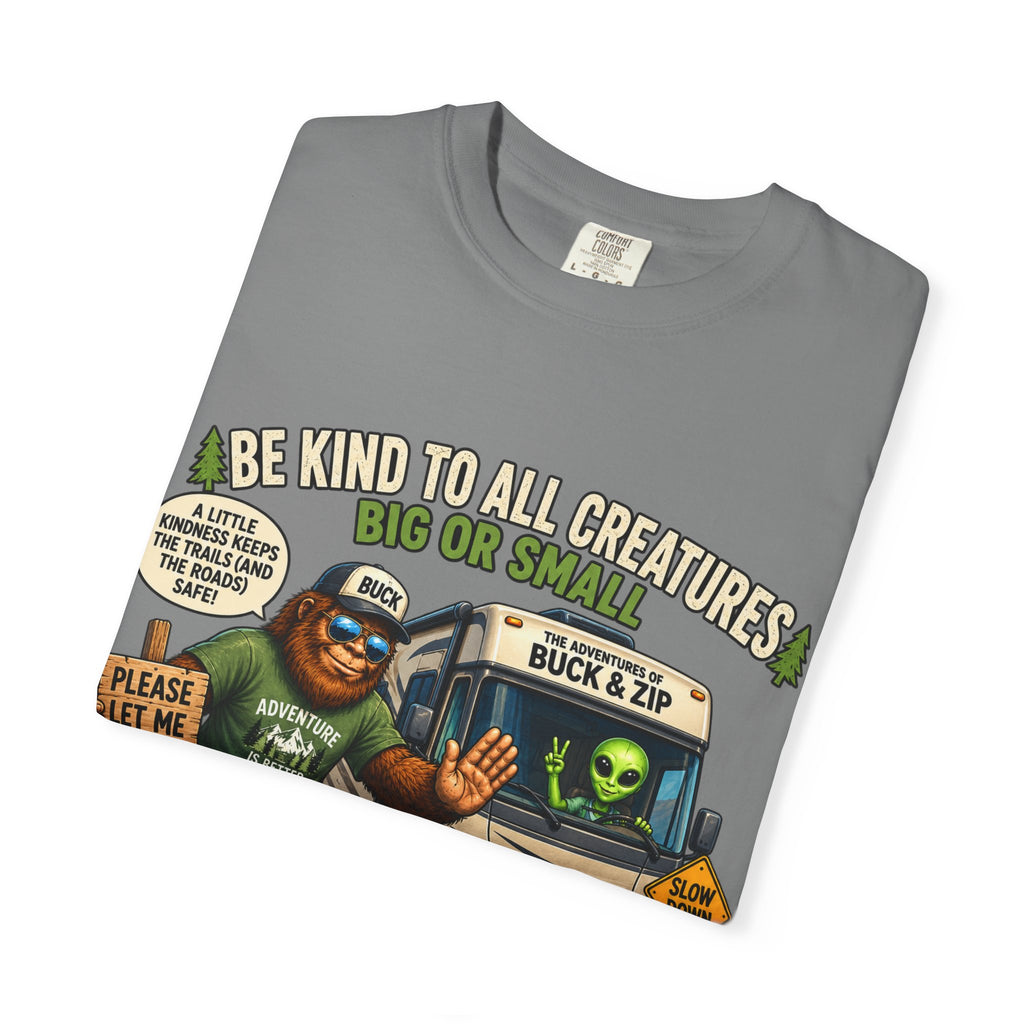 Bigfoot & Alien Rescue T-Shirt — "Be Kind to All Creatures" Adventure Tee