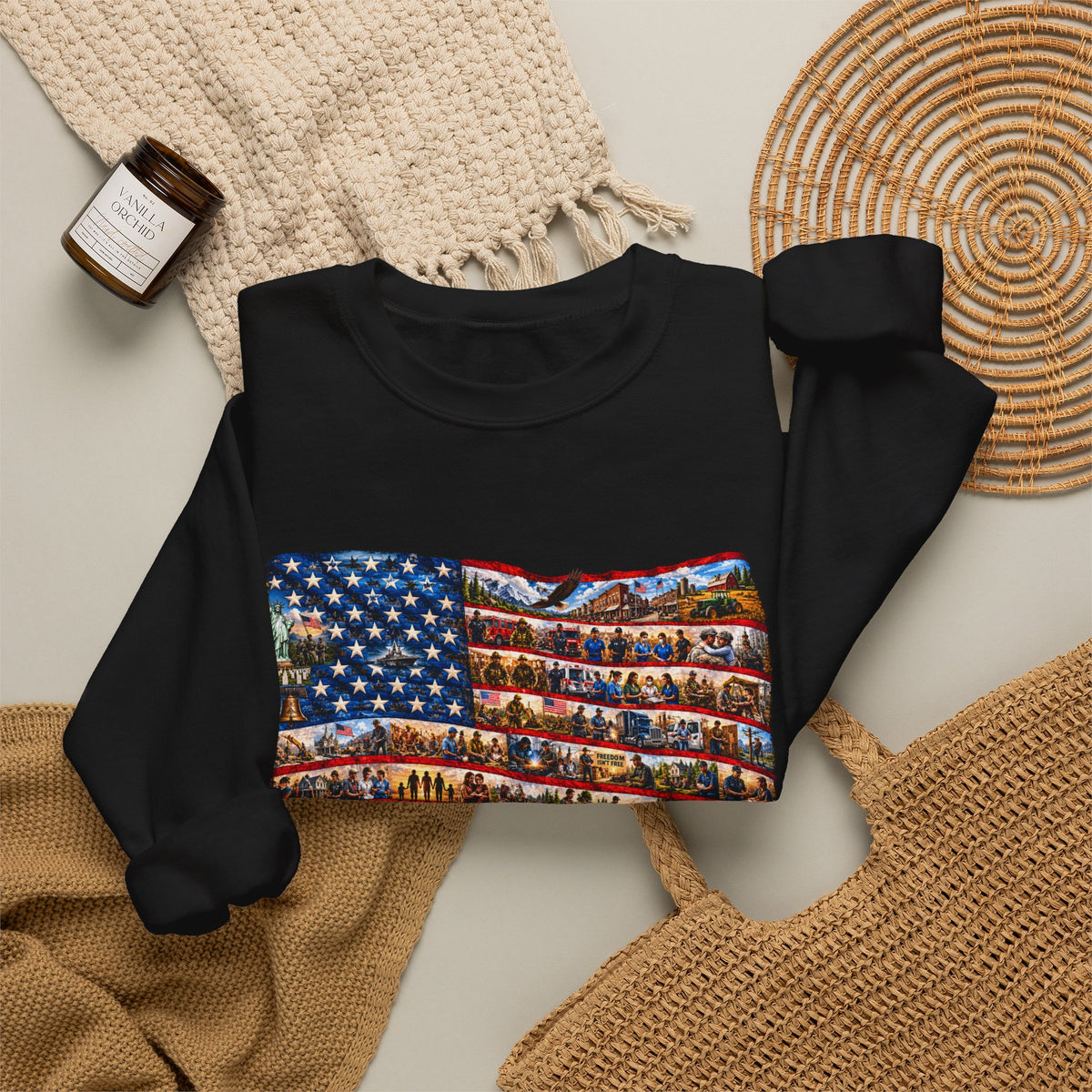 American Flag Crewneck Sweatshirt — "America the Beautiful" Patriotic Pullover