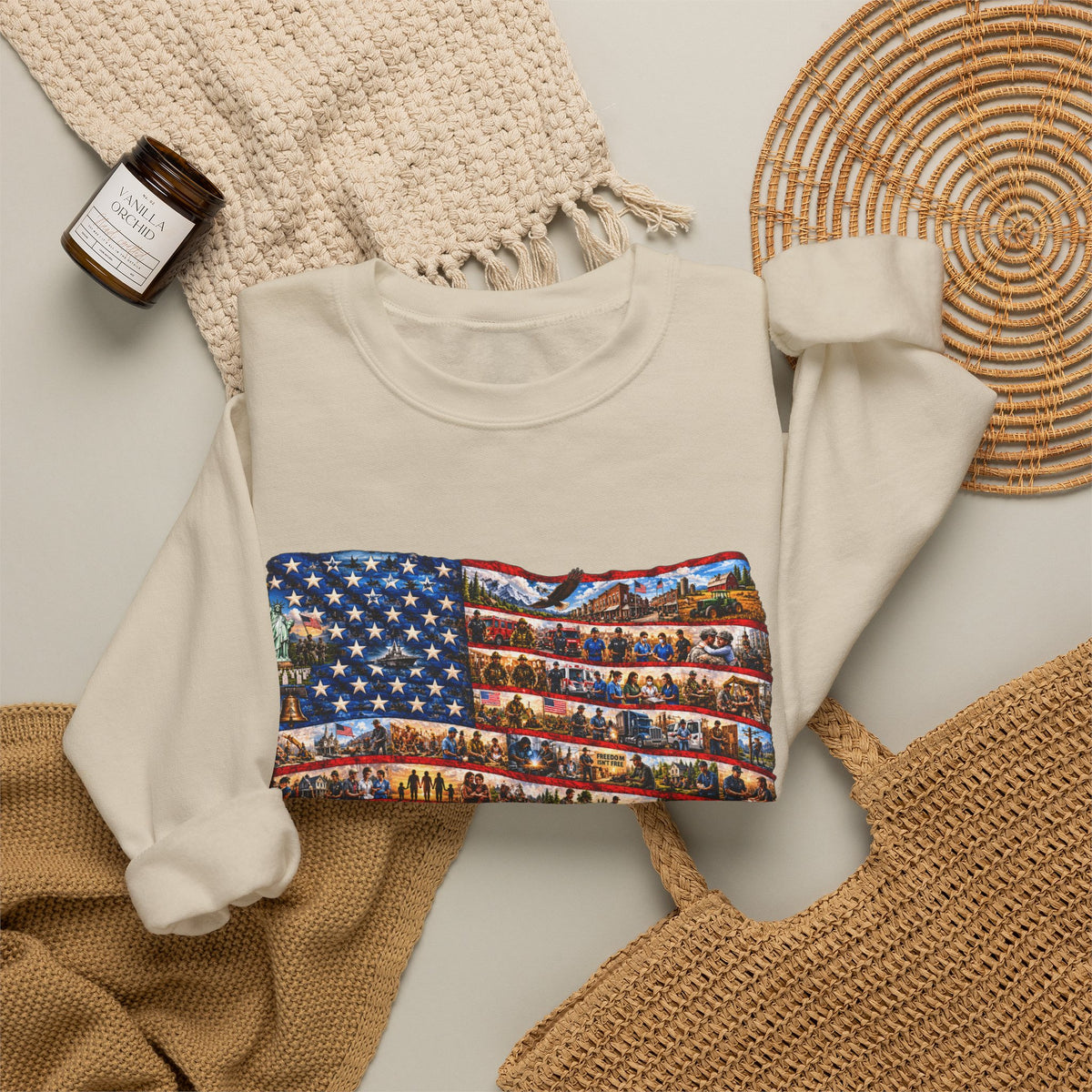 American Flag Crewneck Sweatshirt — "America the Beautiful" Patriotic Pullover