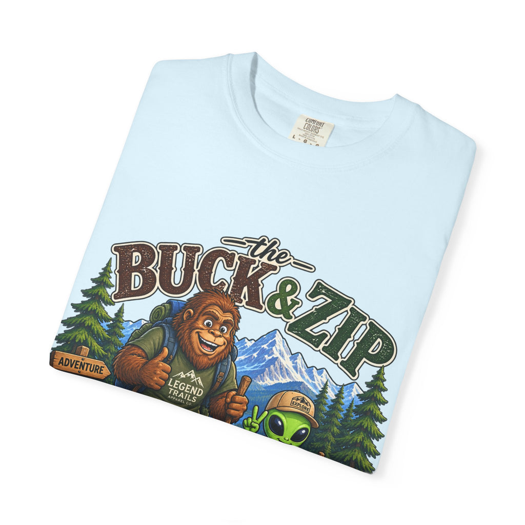Hiking Club T-Shirt — "The Buck & Zip" Bigfoot & Alien Outdoor Tee