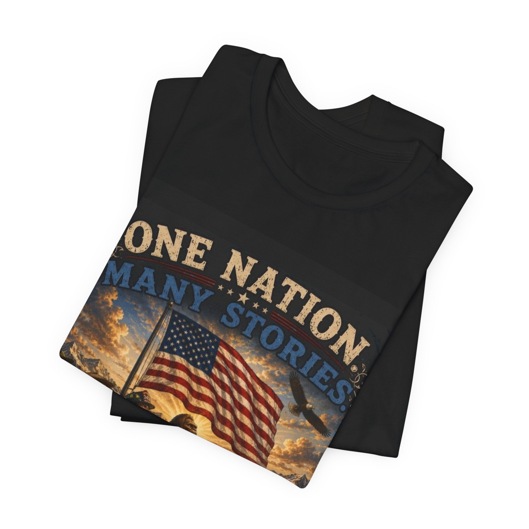 Patriotic Tee — "One Nation Many Stories, One Flag" Graphic T-Shirt