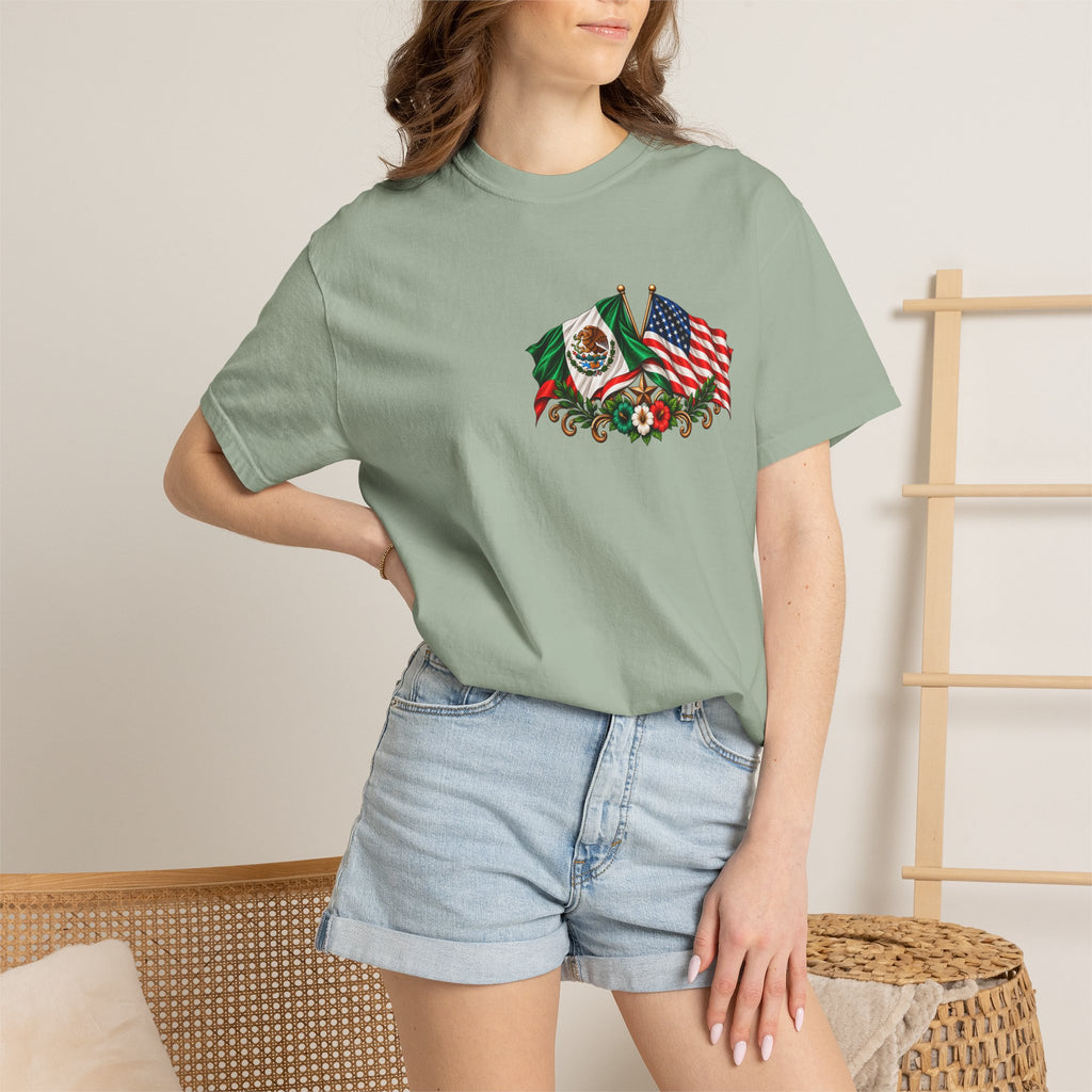 Proud of My Roots T-Shirt — "Orgulloso de mis Raíces / Orgulloso de ser Americano" USA-Mexico Heritage Tee
