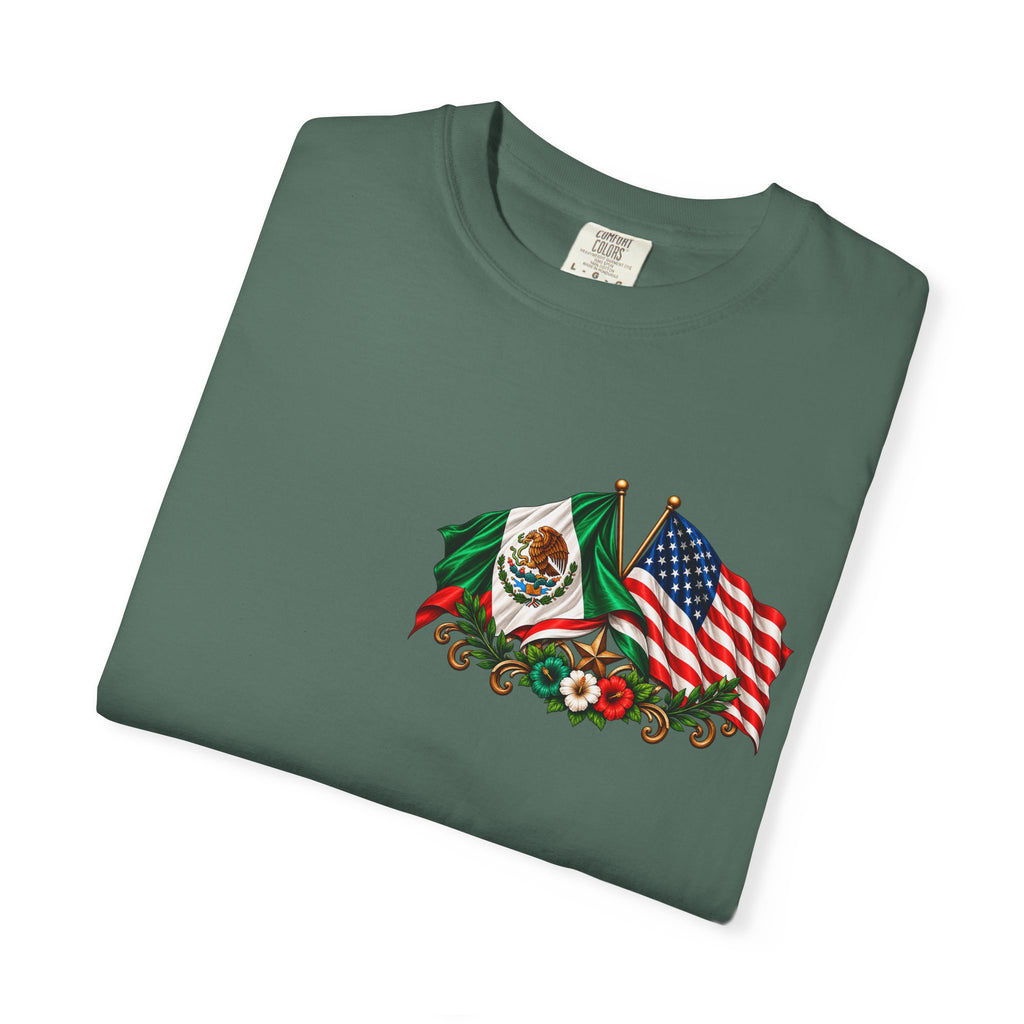 Proud of My Roots T-Shirt — "Orgulloso de mis Raíces / Orgulloso de ser Americano" USA-Mexico Heritage Tee