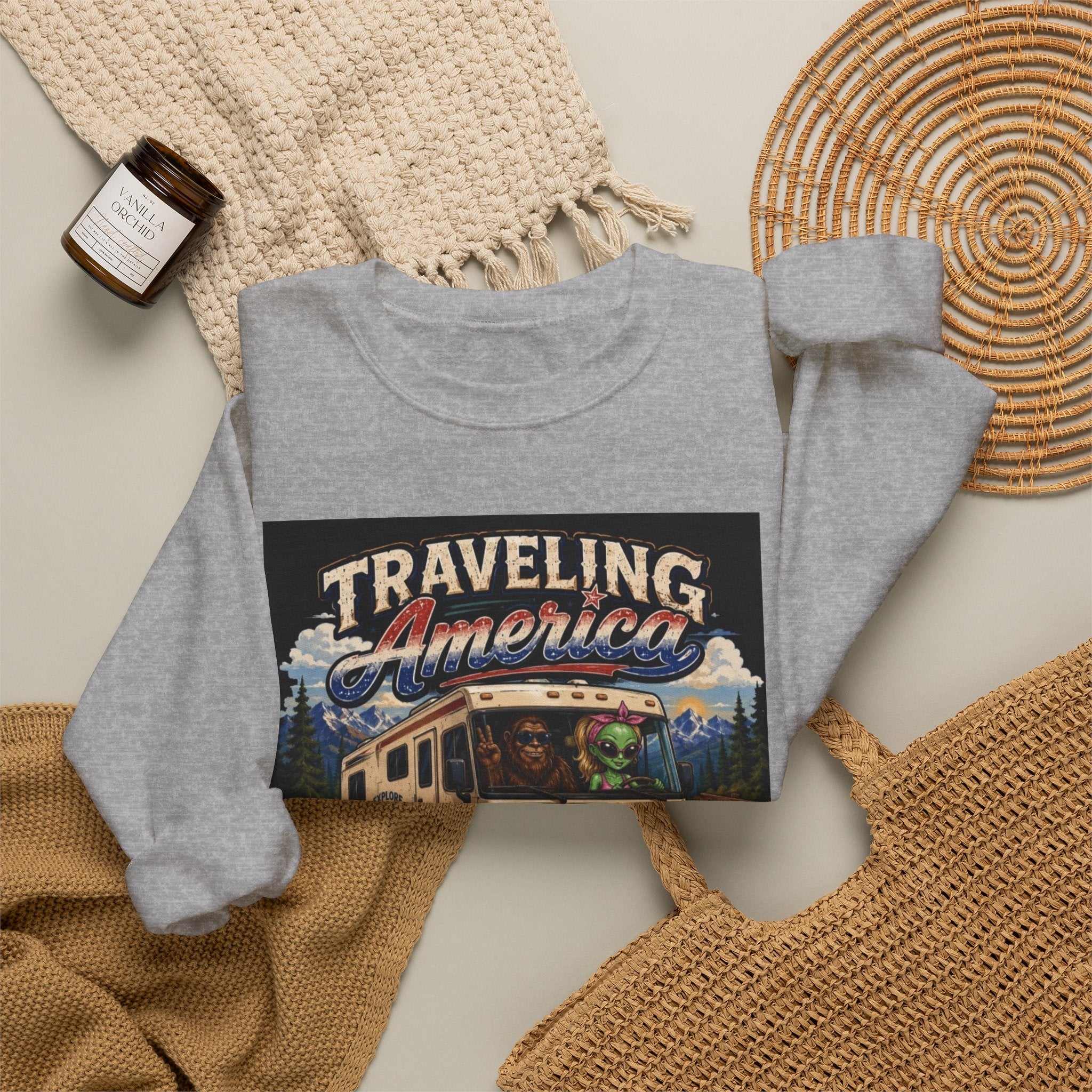 Traveling America Crewneck Sweatshirt — One State at a Time RV Roadtrip Graphic