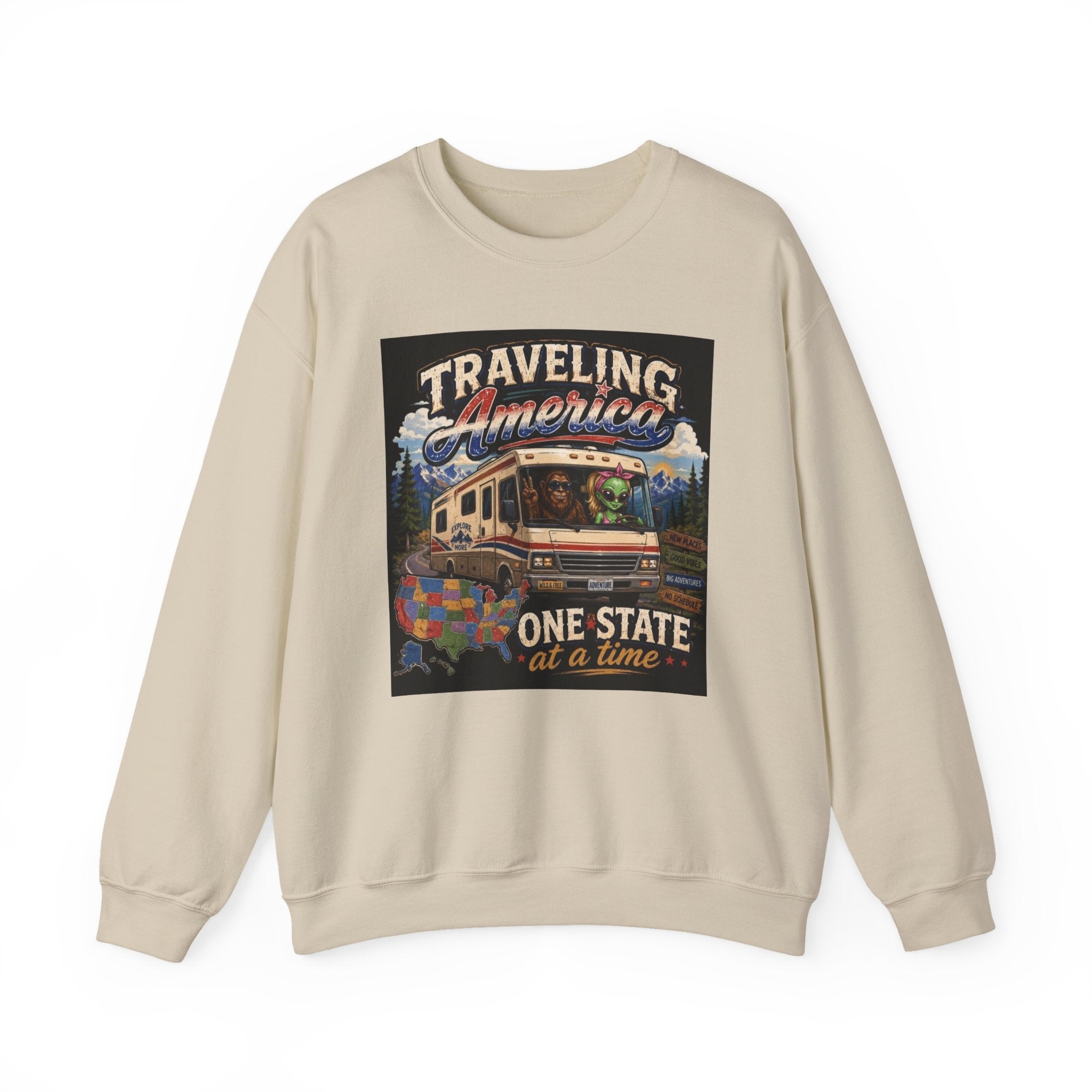 Traveling America Crewneck Sweatshirt — One State at a Time RV Roadtrip Graphic