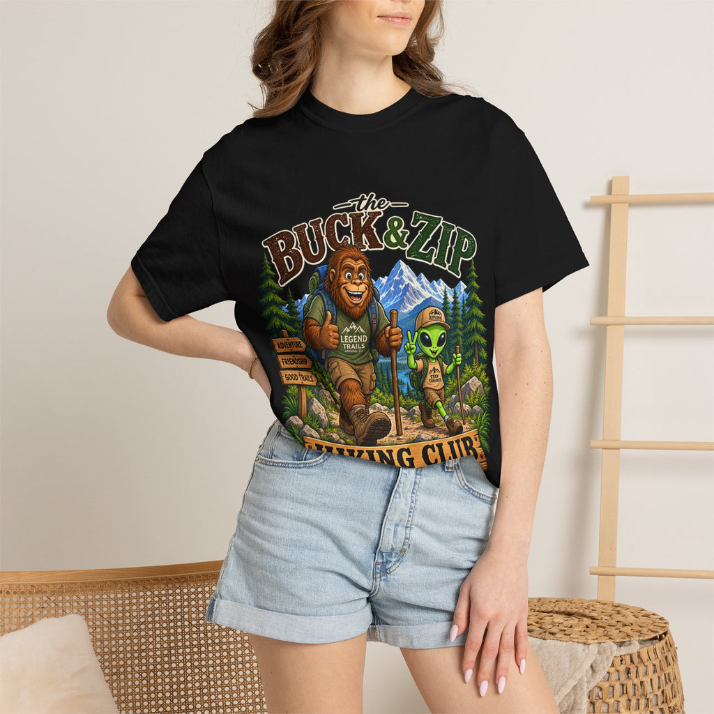 Hiking Club T-Shirt — "The Buck & Zip" Bigfoot & Alien Outdoor Tee