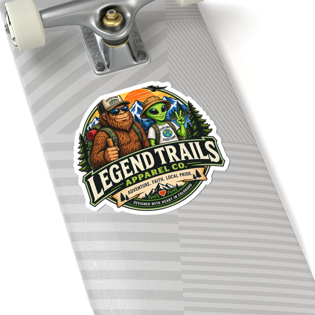 Legend Trails Kiss-Cut Sticker — Sasquatch & Alien Hiker Adventure Badge