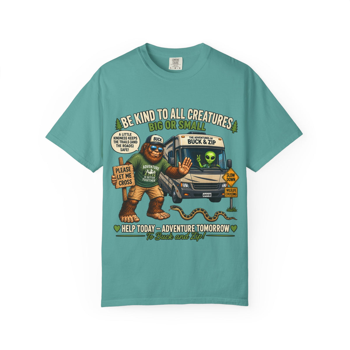 Bigfoot & Alien Rescue T-Shirt — "Be Kind to All Creatures" Adventure Tee