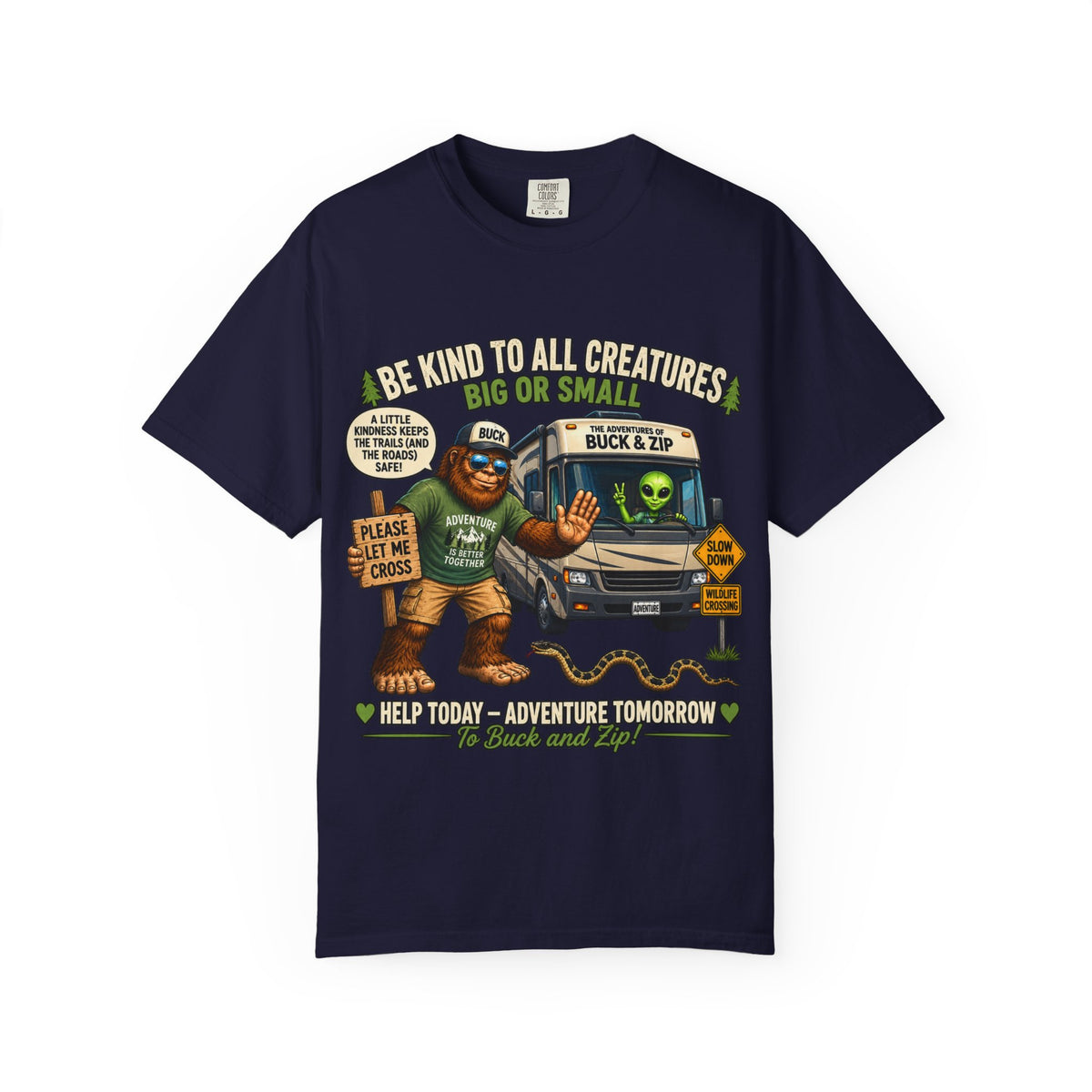 Bigfoot & Alien Rescue T-Shirt — "Be Kind to All Creatures" Adventure Tee