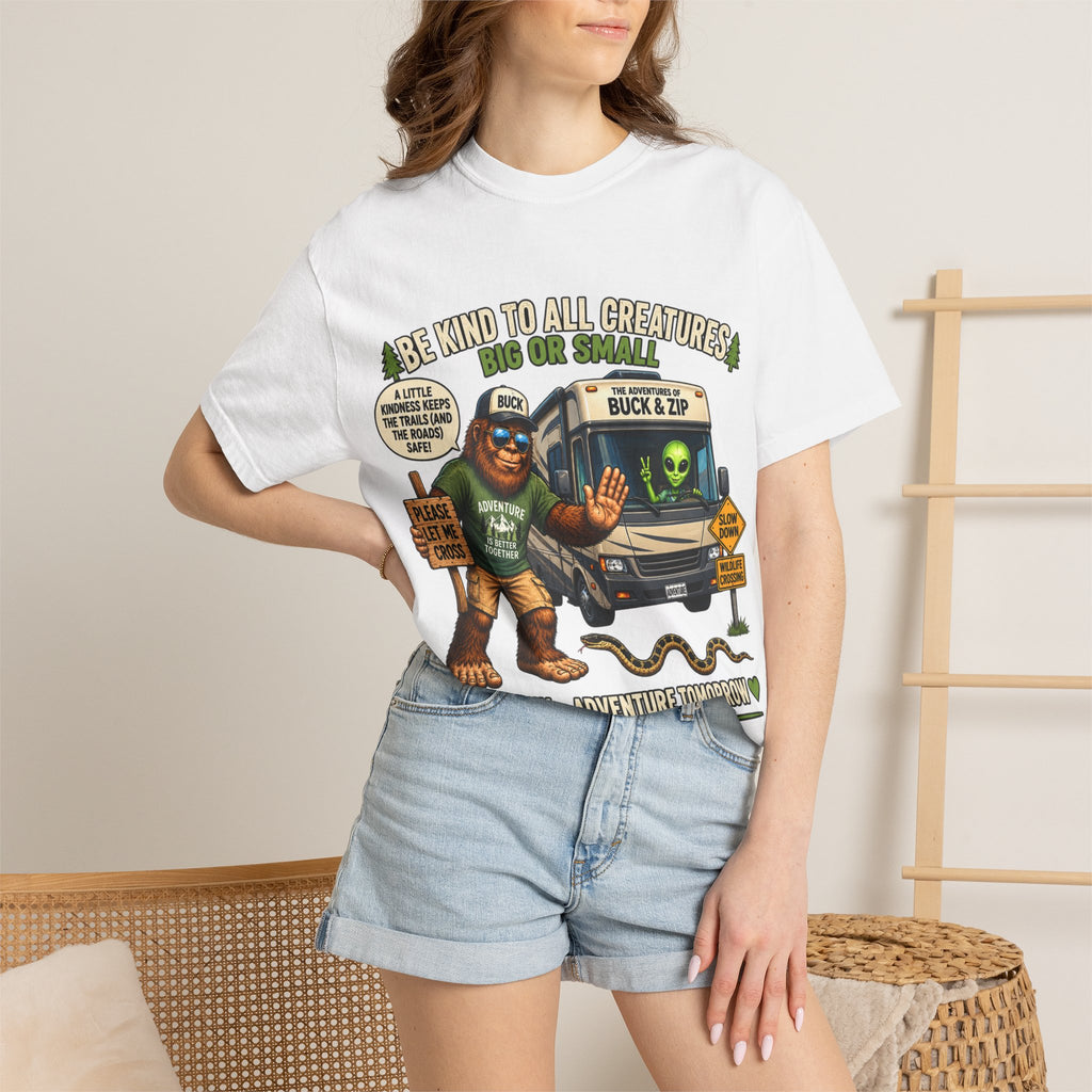 Bigfoot & Alien Rescue T-Shirt — "Be Kind to All Creatures" Adventure Tee