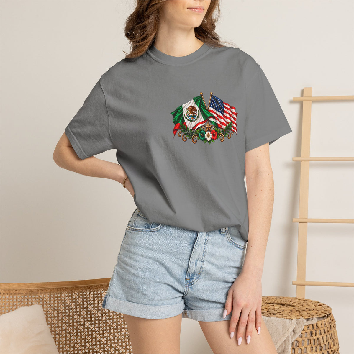 Proud of My Roots T-Shirt — "Orgulloso de mis Raíces / Orgulloso de ser Americano" USA-Mexico Heritage Tee