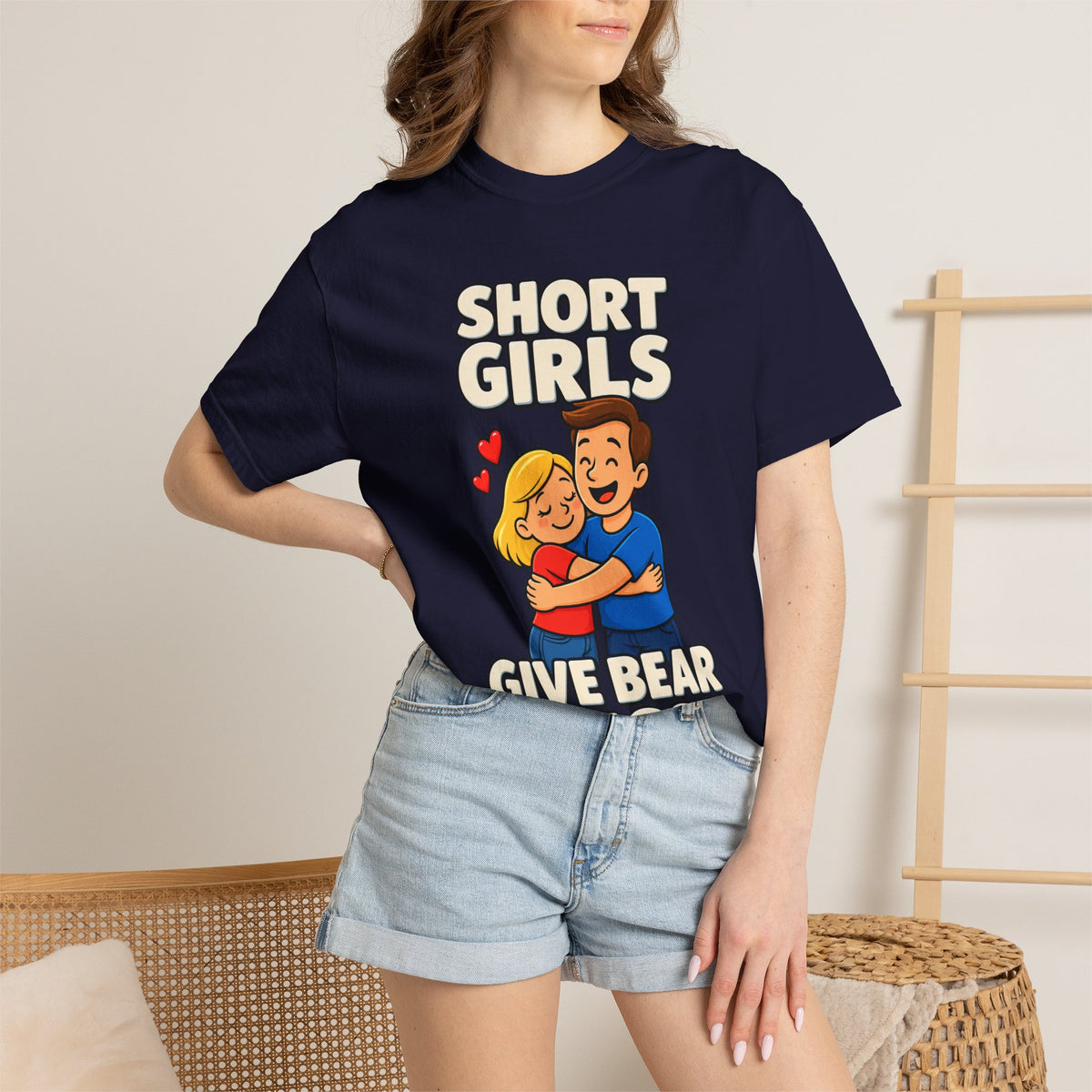 Short Girls Give Bear Hugs T-Shirt — Cute Retro Couple Hug Graphic Tee
