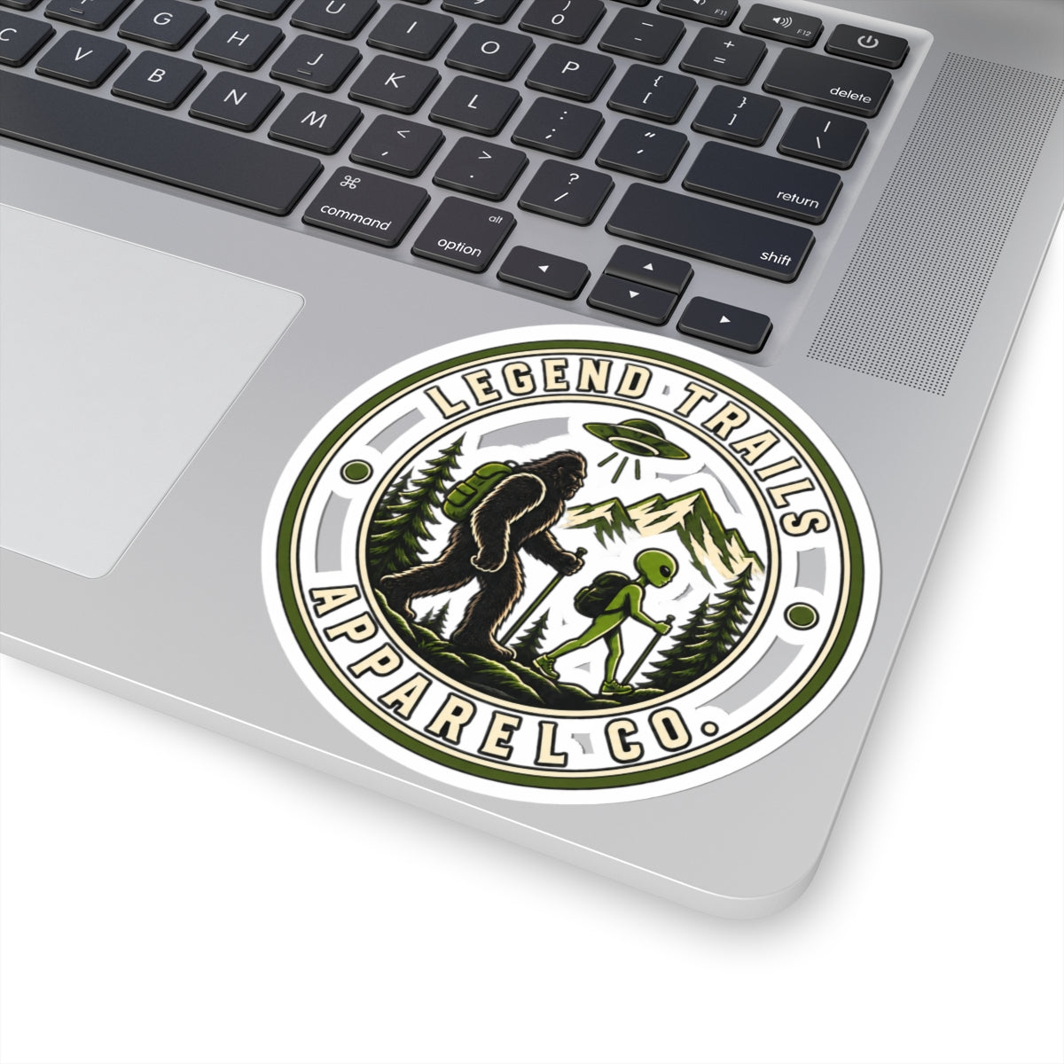 Legend Trails Apparel Co. Kiss-Cut Sticker — Sasquatch & Alien Hiking Badge