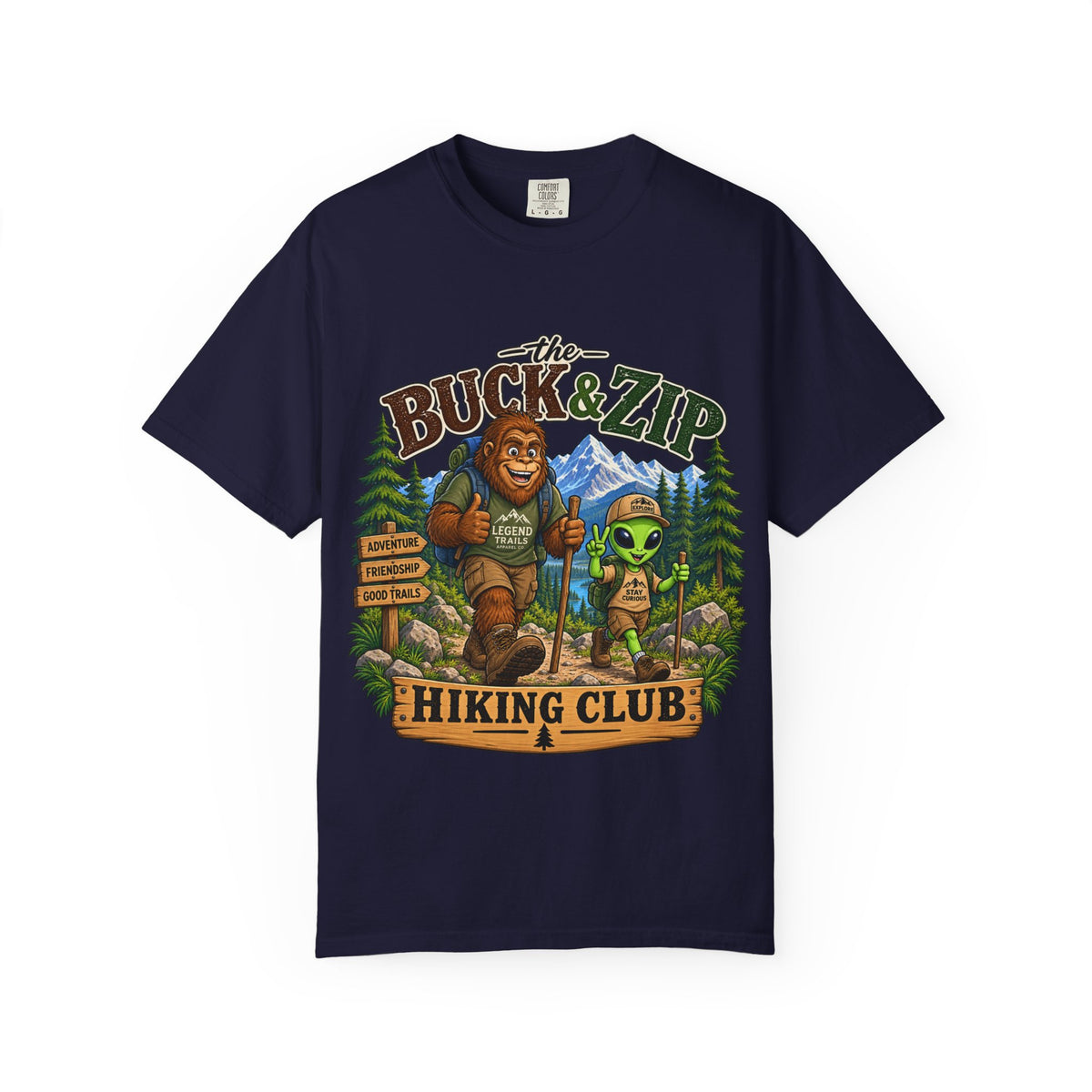 Hiking Club T-Shirt — "The Buck & Zip" Bigfoot & Alien Outdoor Tee