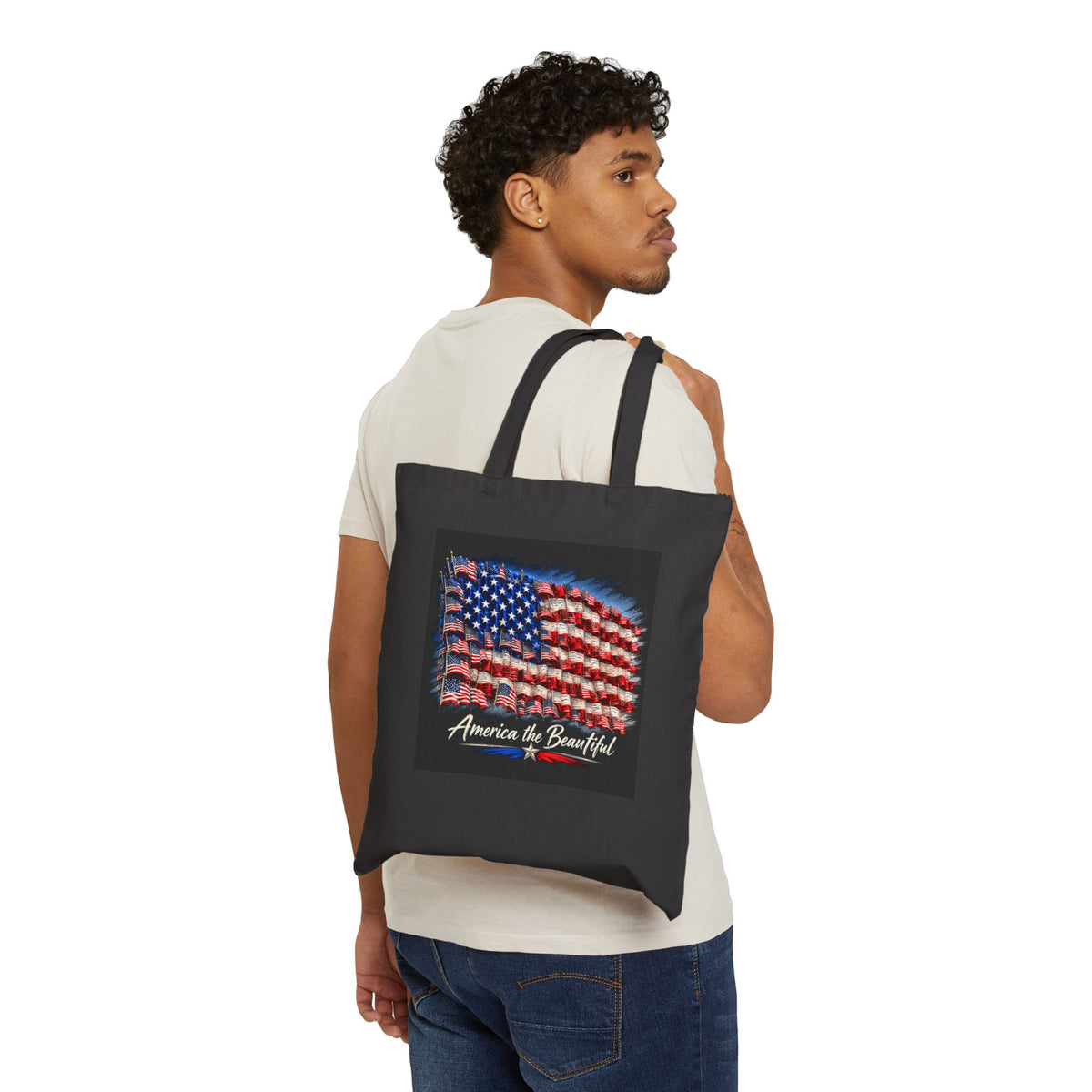 American Flag Canvas Tote Bag – "America the Beautiful" Patriotic Reusable Shopper