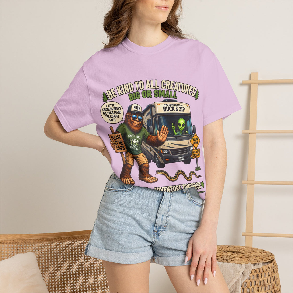 Bigfoot & Alien Rescue T-Shirt — "Be Kind to All Creatures" Adventure Tee