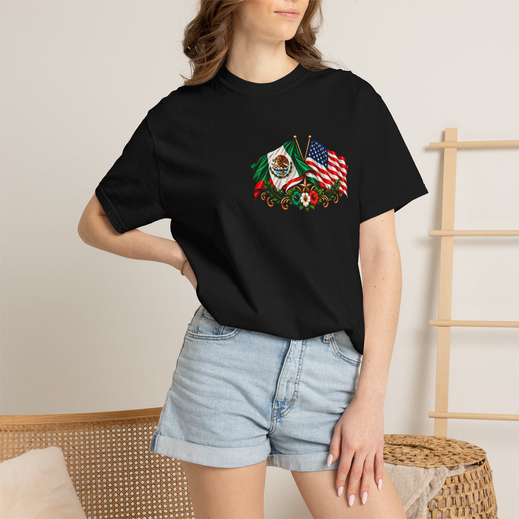 Proud of My Roots T-Shirt — "Orgulloso de mis Raíces / Orgulloso de ser Americano" USA-Mexico Heritage Tee