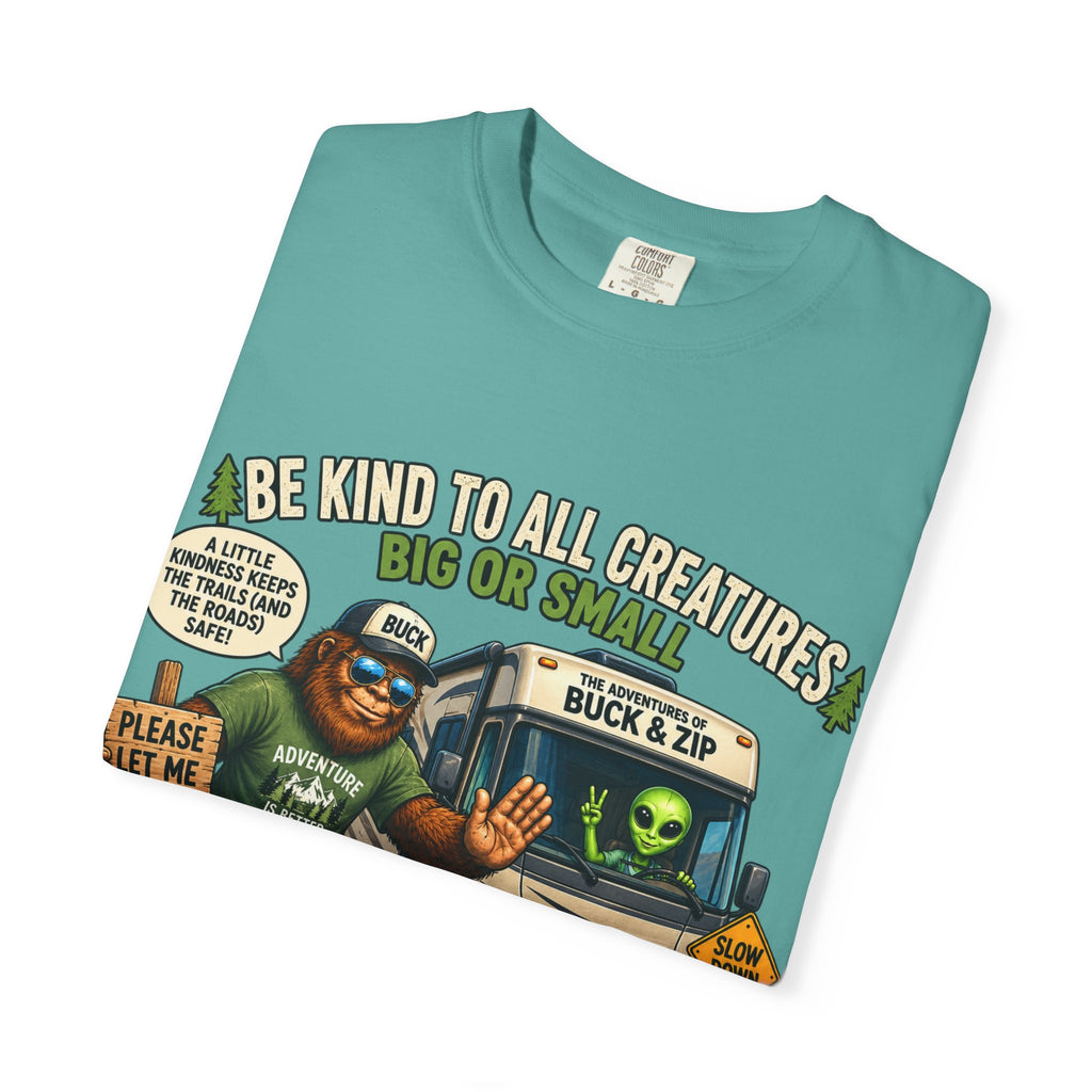 Bigfoot & Alien Rescue T-Shirt — "Be Kind to All Creatures" Adventure Tee