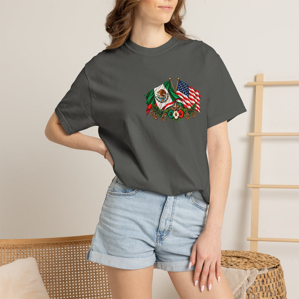 Proud of My Roots T-Shirt — "Orgulloso de mis Raíces / Orgulloso de ser Americano" USA-Mexico Heritage Tee