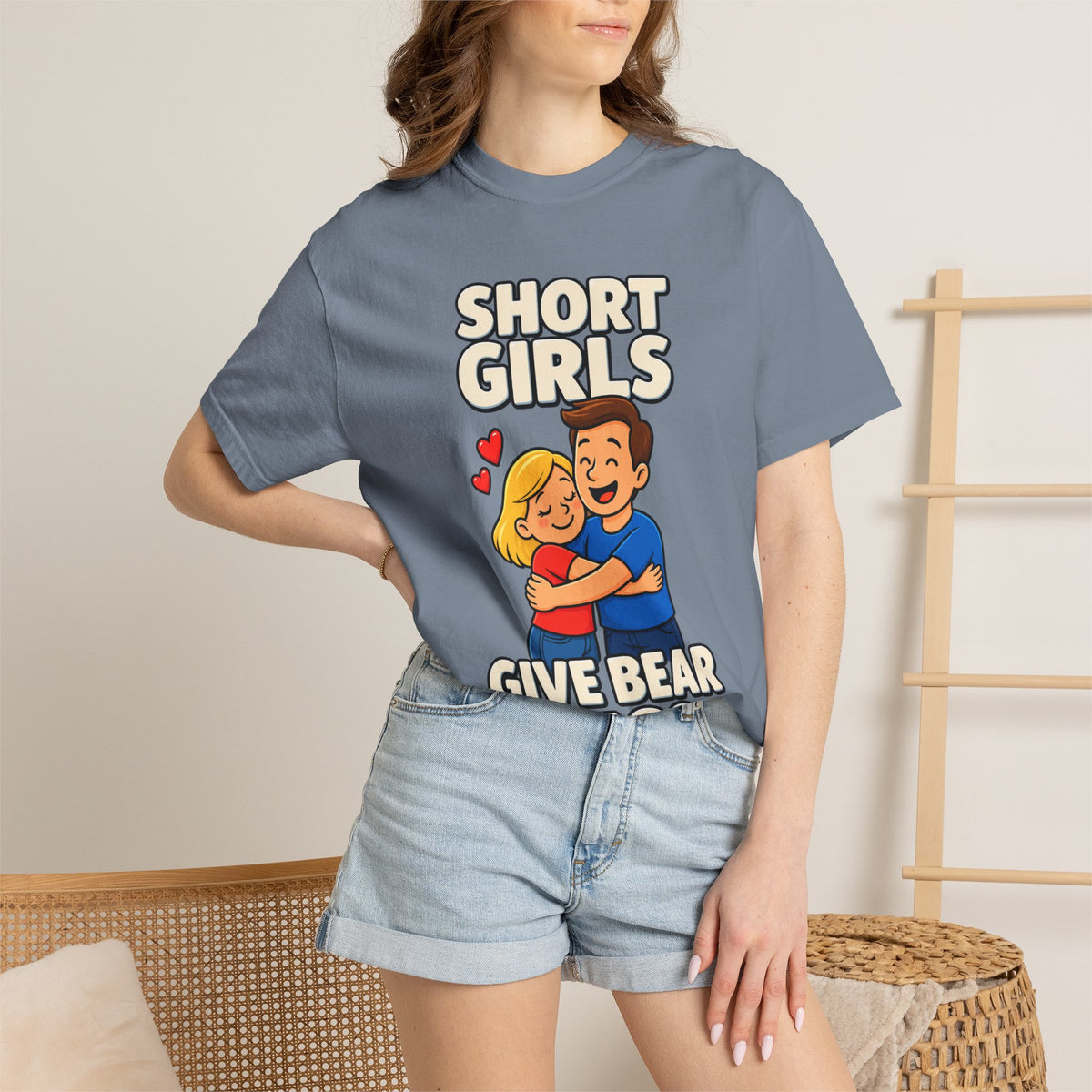 Short Girls Give Bear Hugs T-Shirt — Cute Retro Couple Hug Graphic Tee