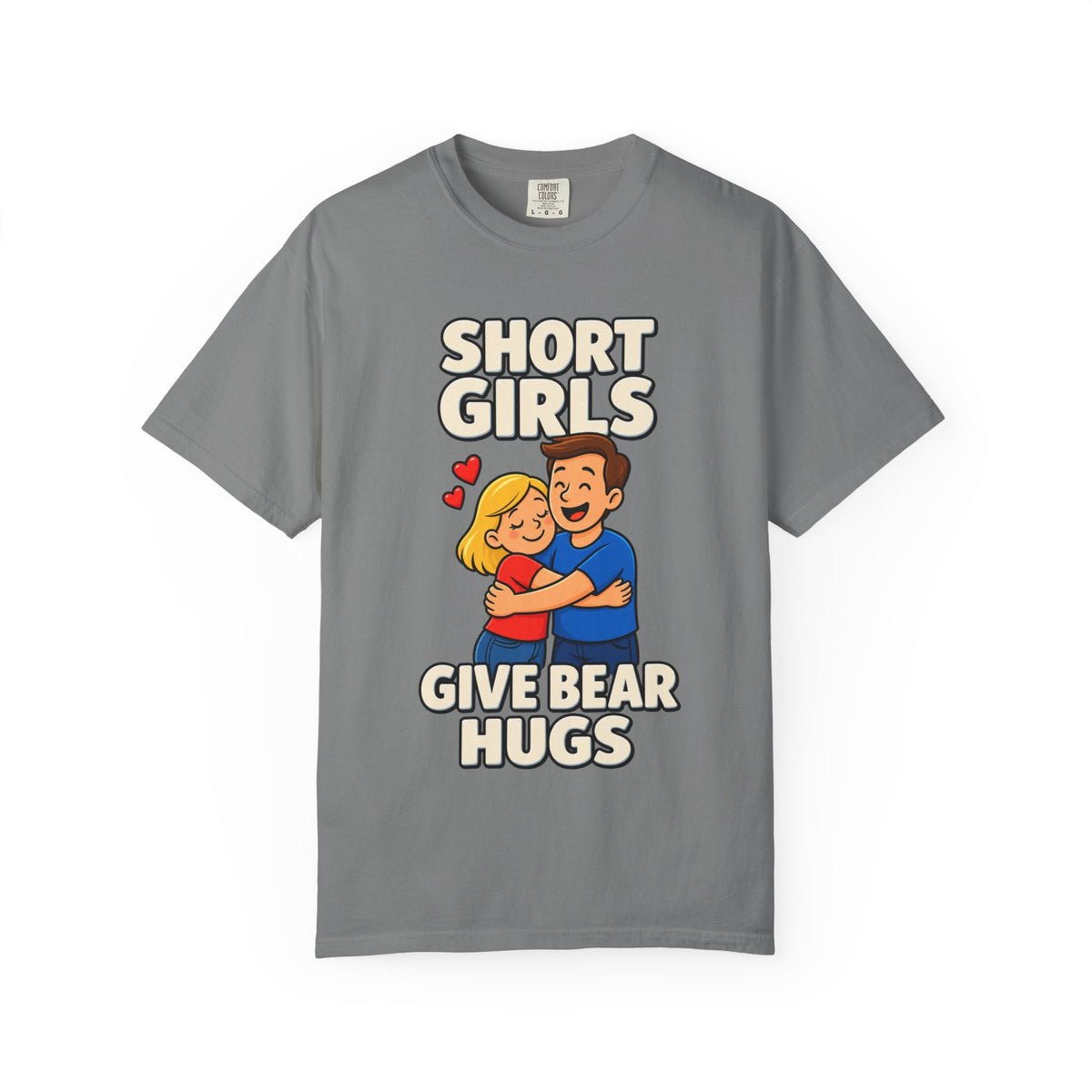 Short Girls Give Bear Hugs T-Shirt — Cute Retro Couple Hug Graphic Tee