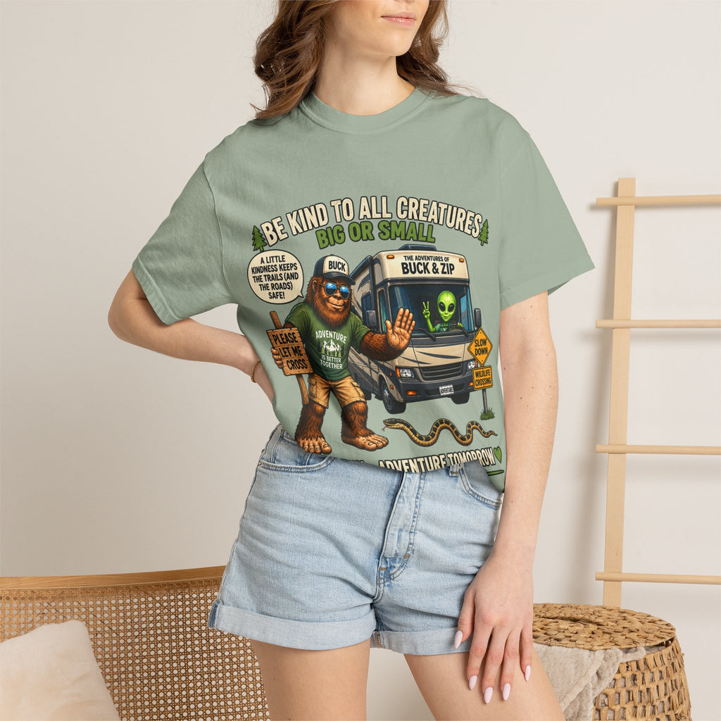Bigfoot & Alien Rescue T-Shirt — "Be Kind to All Creatures" Adventure Tee