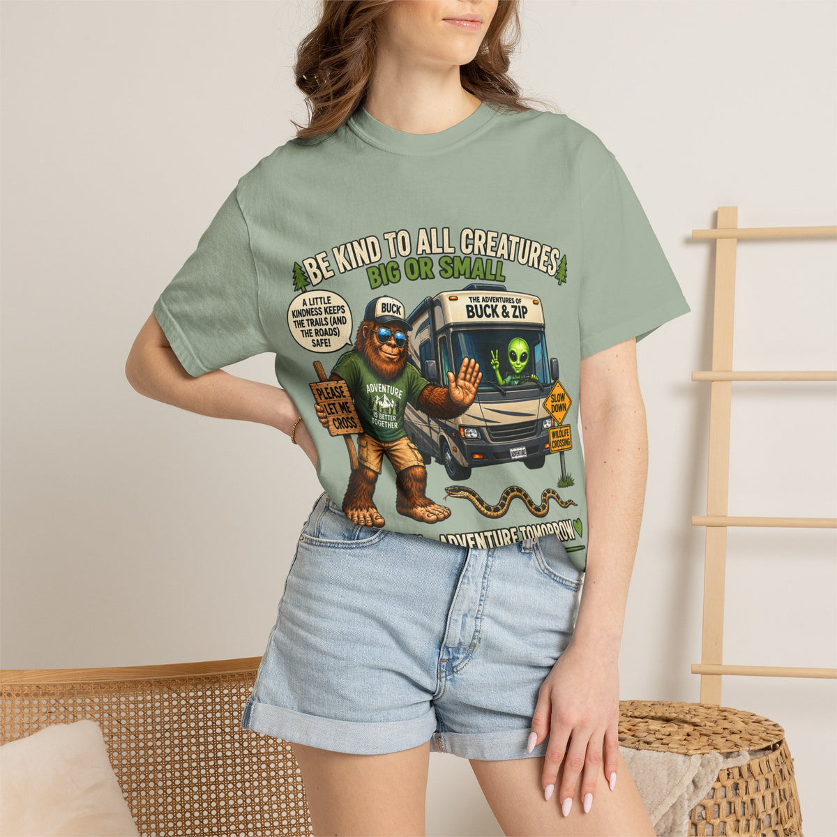 Bigfoot & Alien Rescue T-Shirt — "Be Kind to All Creatures" Adventure Tee