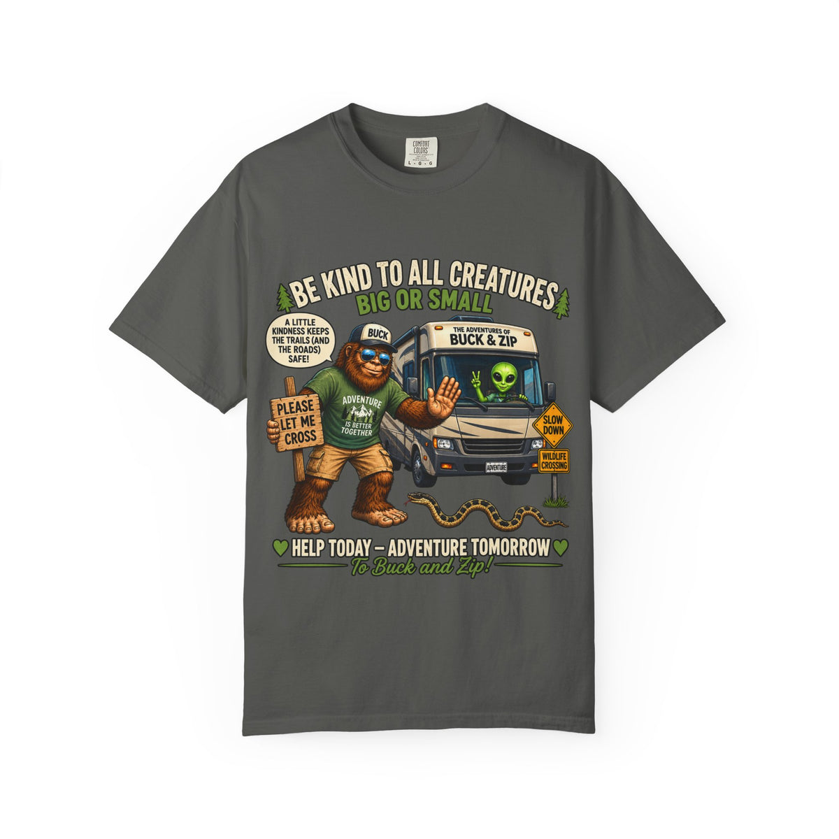 Bigfoot & Alien Rescue T-Shirt — "Be Kind to All Creatures" Adventure Tee