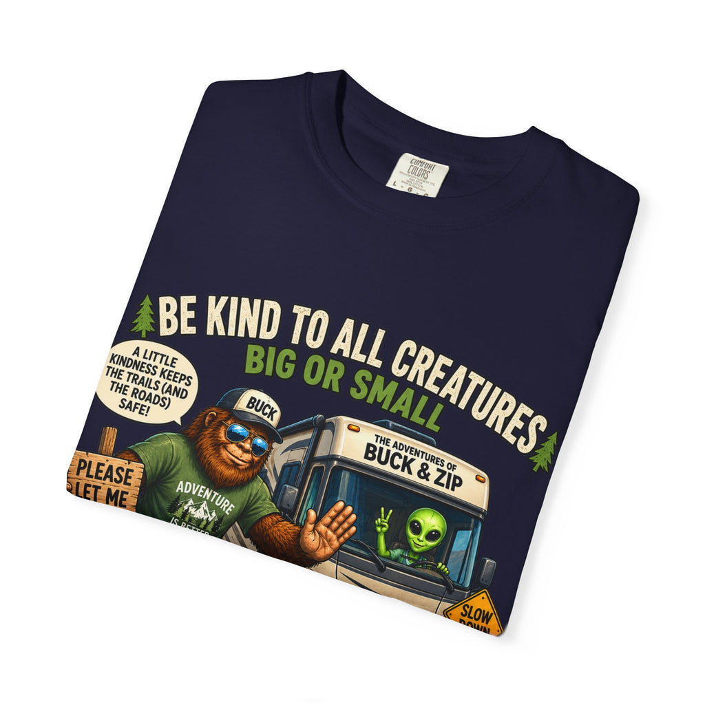 Bigfoot & Alien Rescue T-Shirt — "Be Kind to All Creatures" Adventure Tee