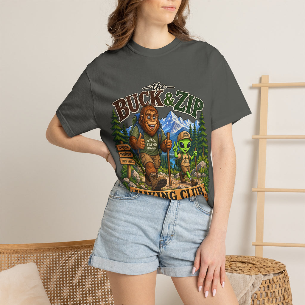 Hiking Club T-Shirt — "The Buck & Zip" Bigfoot & Alien Outdoor Tee