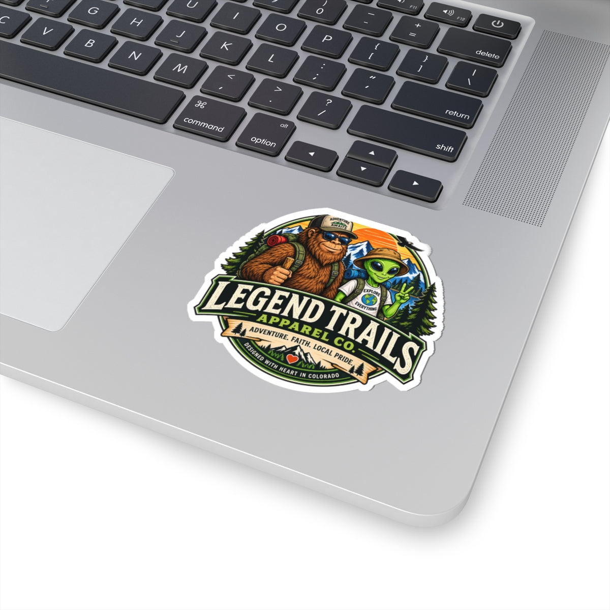 Legend Trails Kiss-Cut Sticker — Sasquatch & Alien Hiker Adventure Badge