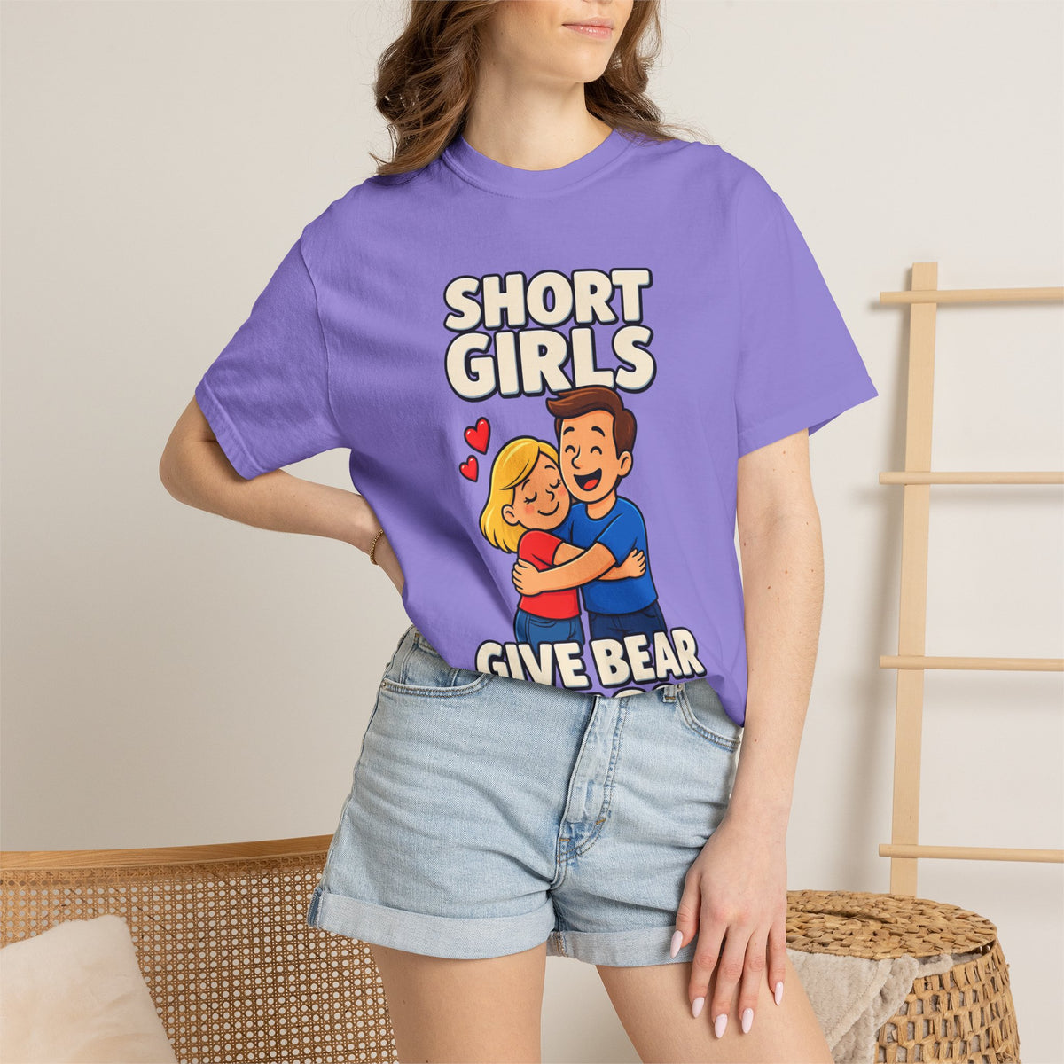 Short Girls Give Bear Hugs T-Shirt — Cute Retro Couple Hug Graphic Tee